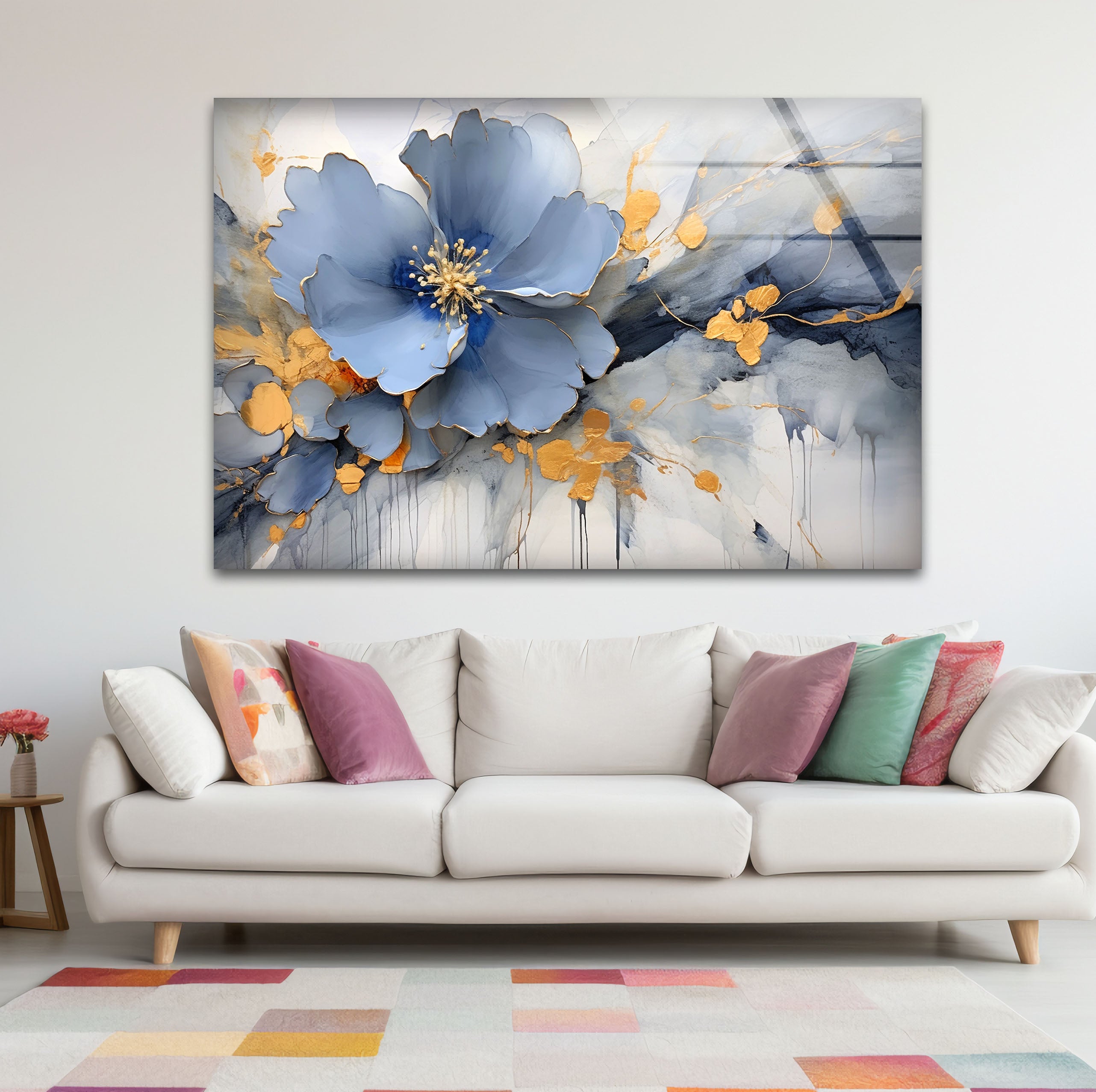 Blue Gold Blossom Wall Art - Elegant Floral Glass Print for Home Décor | Modern Botanical Painting for Living Room, Bedroom & Office | Perfect Housewarming Gift