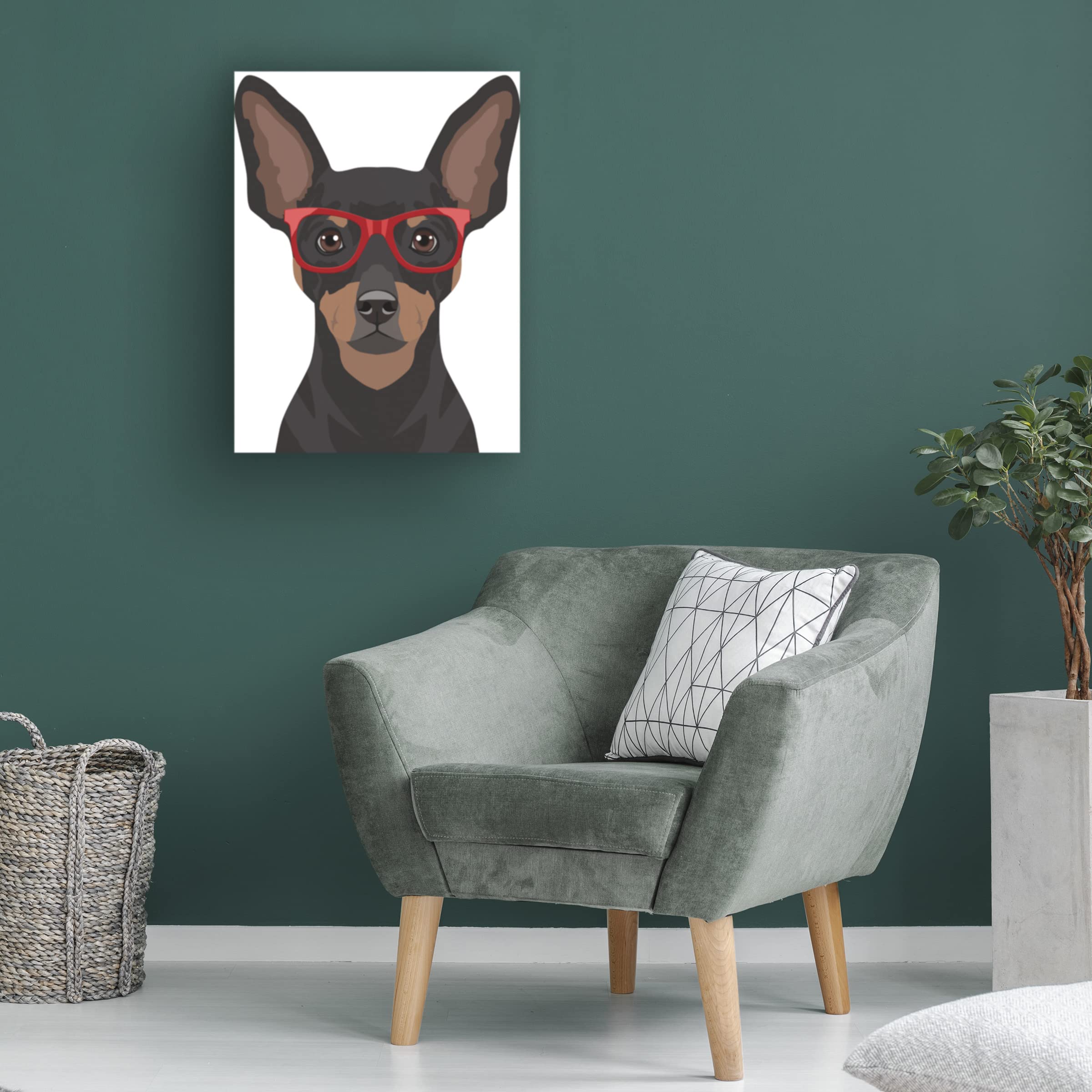 Miniature Pinscher Wearing Hipster Glasses Canvas Wall Art - Modern Dog Portrait Painting for Living Room, Bedroom & Office Decor - Unique Gift for Dog Lovers