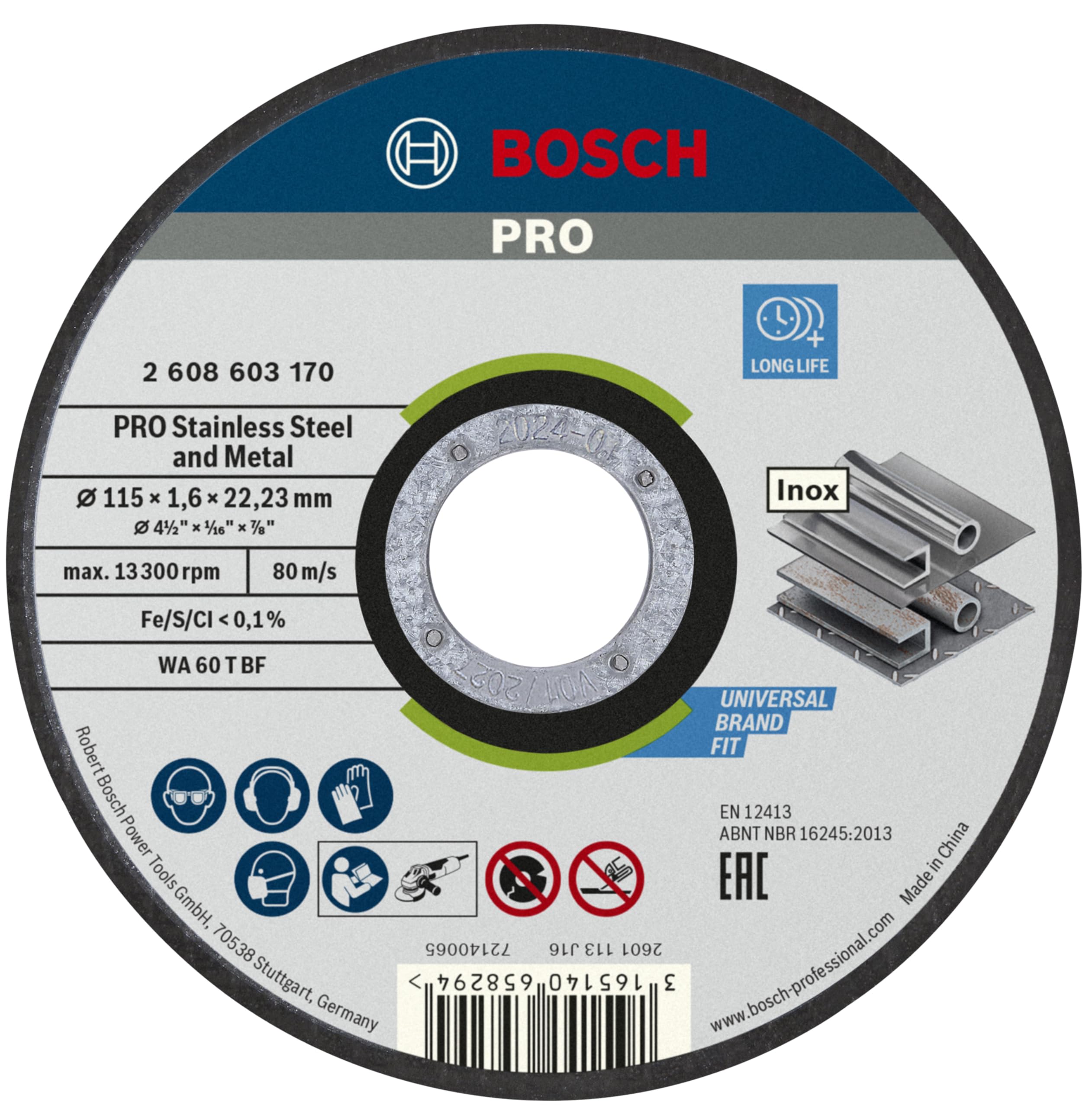 Bosch Professional 115mm Stainless Steel Cutting Disc - 1.6mm Thickness, 22.23mm Arbor - Angle Grinder Accessory for Metalworking, Construction & DIY Projects
