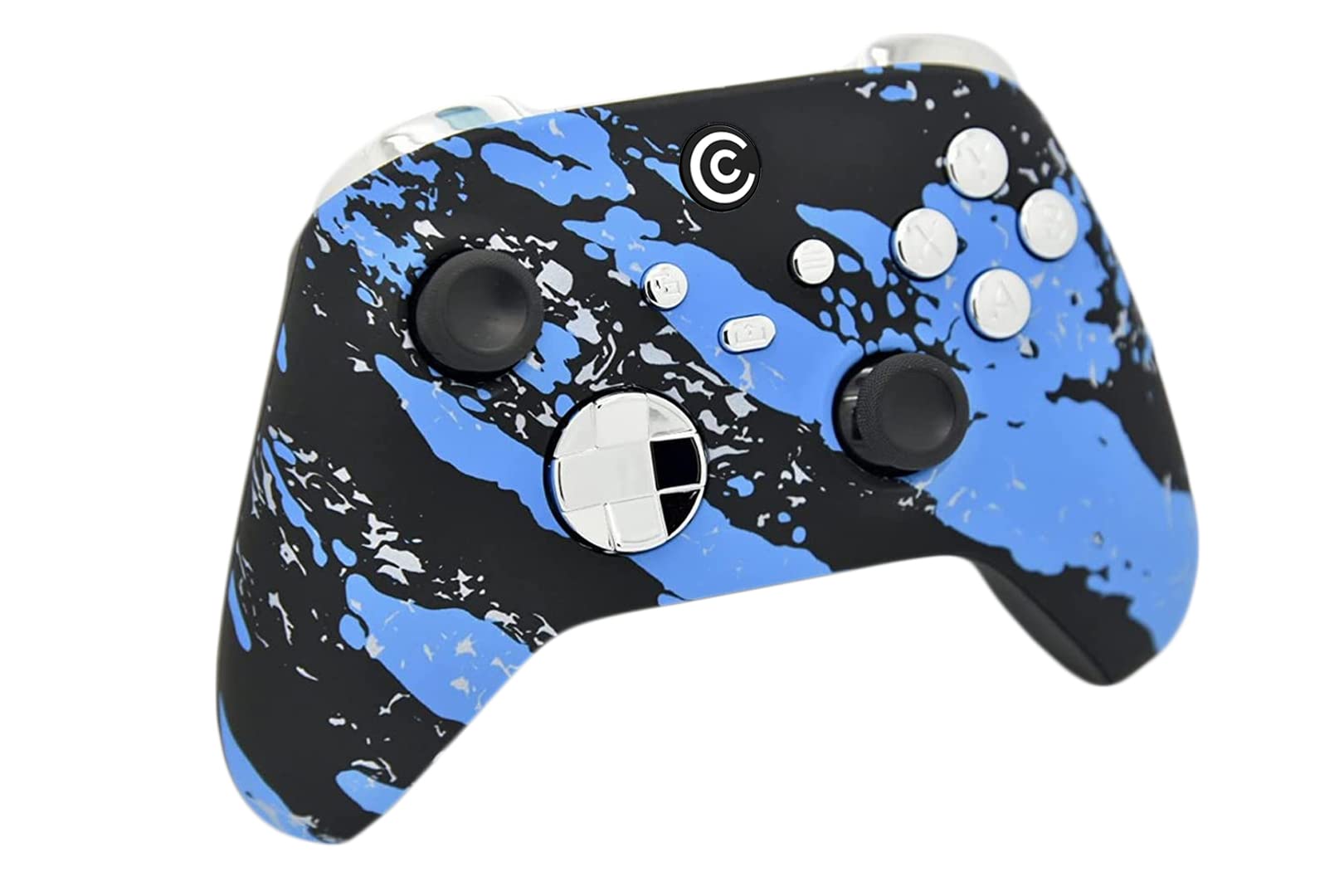 Custom Wireless Gaming Controller for PC, Windows, Xbox Series X/S & Xbox One - Blue Splatter & Silver Chrome Designs | Pro Gaming, Streaming & Esports Accessory