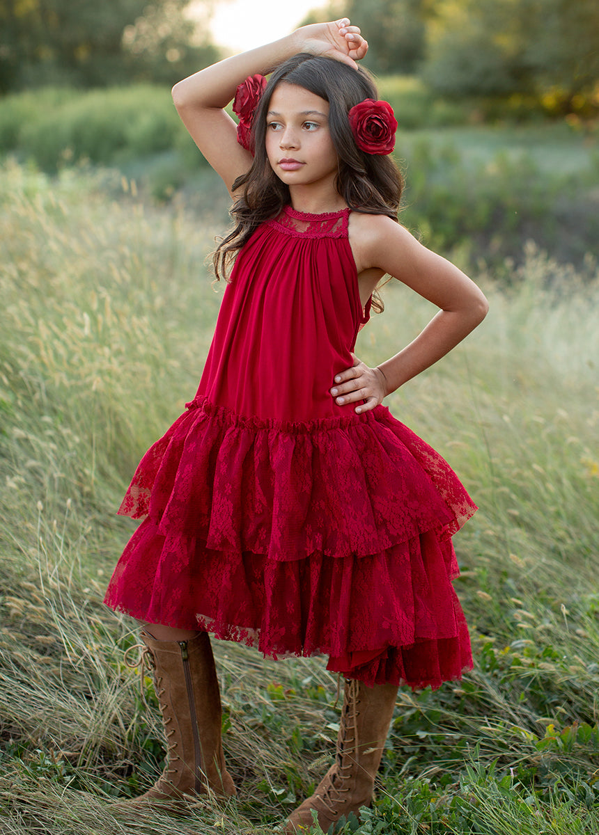 Elegant Catrina Dress in Crimson Red - Perfect for Daytime Outings, Parties, and Special Occasions