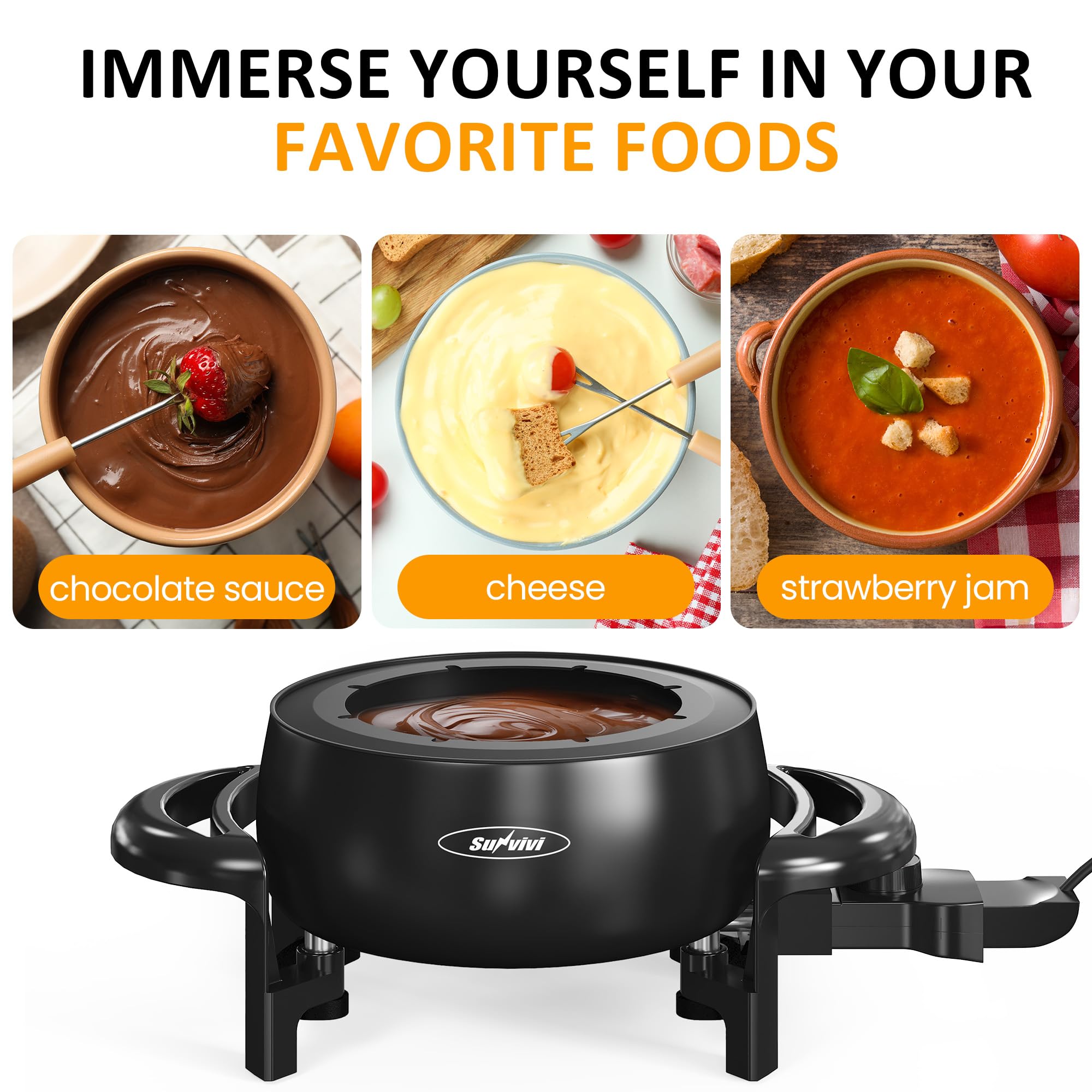 Sunvivi 3 Quart Electric Fondue Pot Set - Adjustable Temperature Control for Melting Chocolate, Cheese, Oil & Broth - 1000W Non-Stick Fondue Maker with 8 Color-Coded Forks - Perfect for Parties, Desserts & Family Gatherings