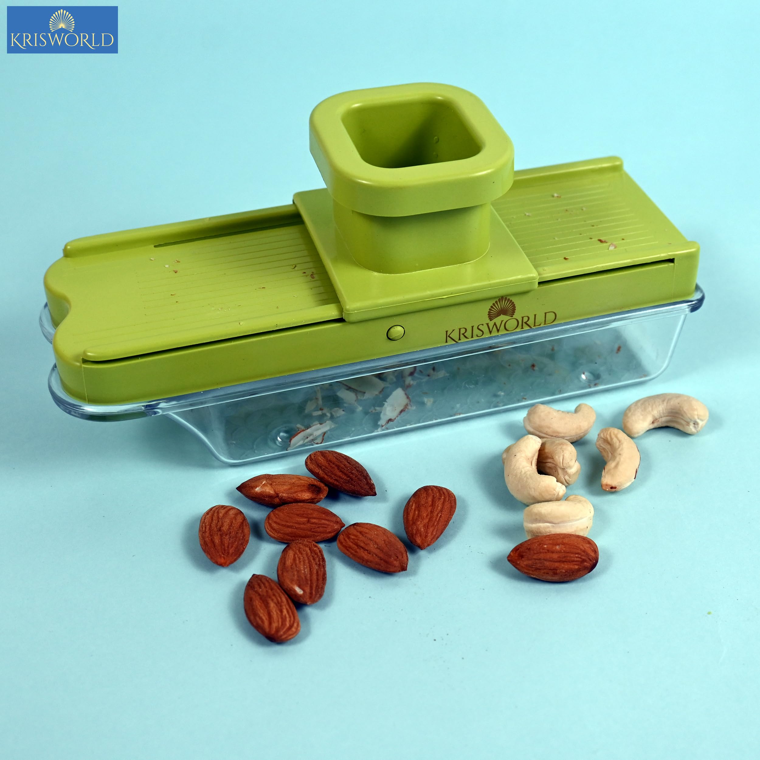 KRISWORLD Manual Nut Slicer with Stainless Steel Blades - Built-in Storage Box for Almonds, Walnuts, Dried Fruits - Perfect for Kitchen, Salads, Ginger & Garlic Slicing - Compact & Durable Fruit & Nut Cutter for Home Cooking & Meal Prep