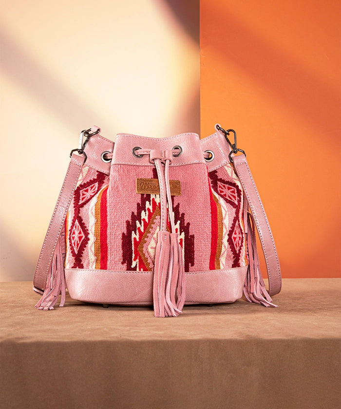 Wrangler Aztec Knitted Bucket Bag Set for Women - Boho Chic Crossbody Purse with Adjustable Strap - Perfect for Travel, Shopping & Everyday Use