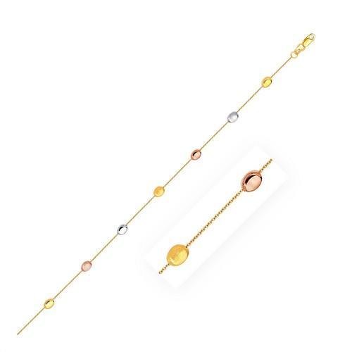 14K Tri-Color Gold Puffed Oval Adjustable Anklet Bracelet for Women, Size 10
