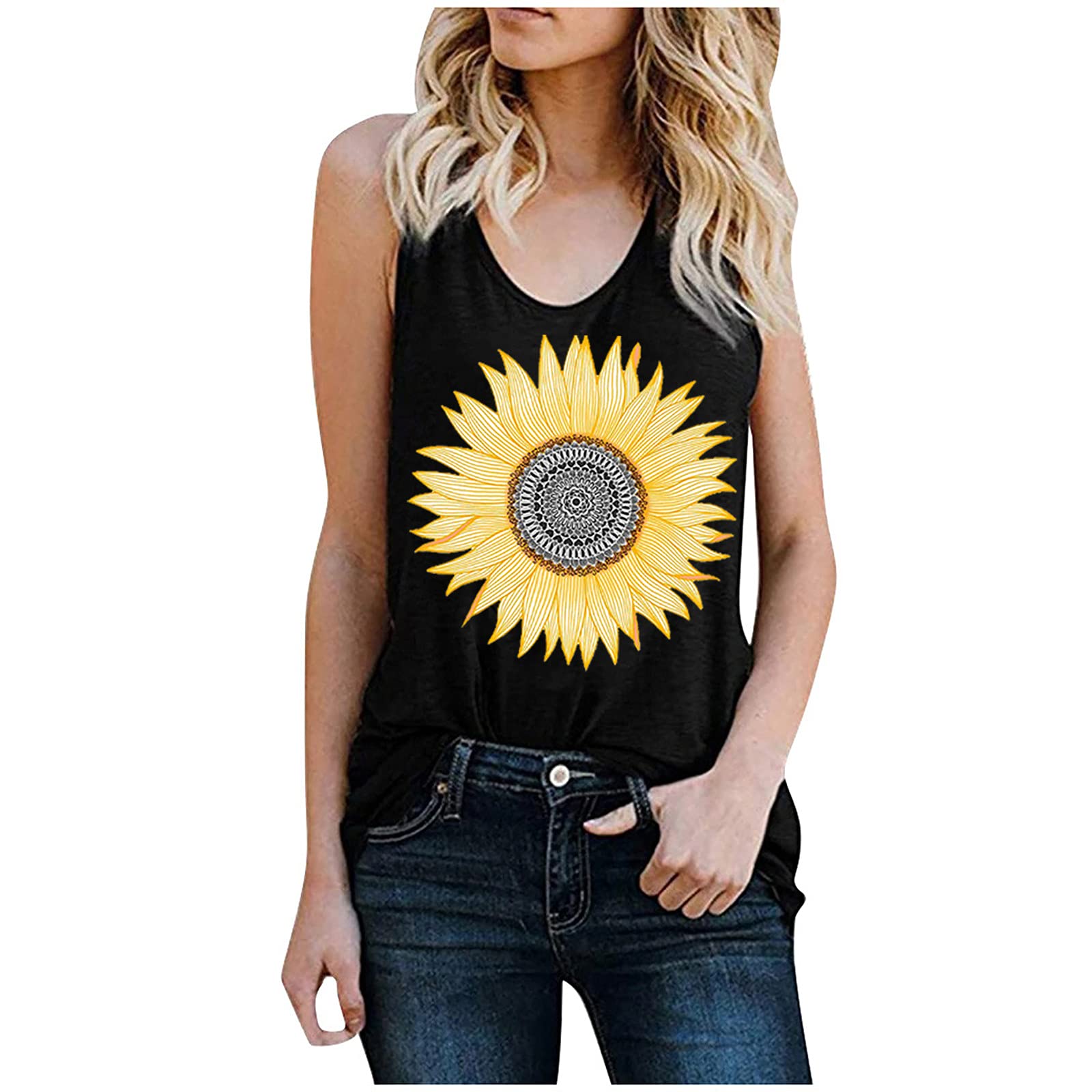 LIJCC Women's Spring Sleeveless Scoop Neck Tunic T-Shirt - Trendy Fitted Polyester Tank Top for Skiing, Casual Wear & Summer Outfits | Sunflower Print Cozy Tee