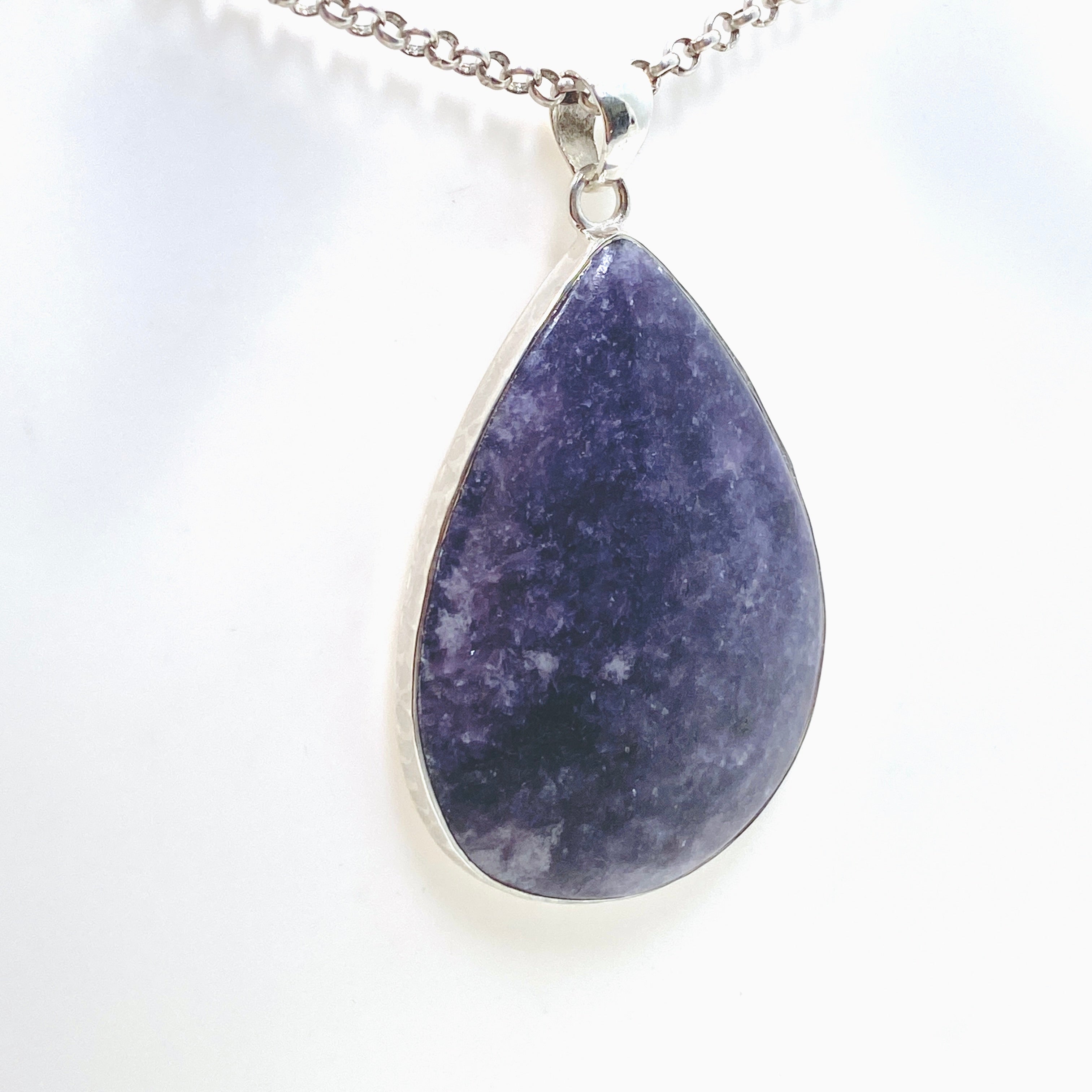 Lepidolite Teardrop Cabochon Pendant in Hammered Sterling Silver Setting KPGJ4609 - Healing Crystal Jewelry for Stress Relief & Meditation
