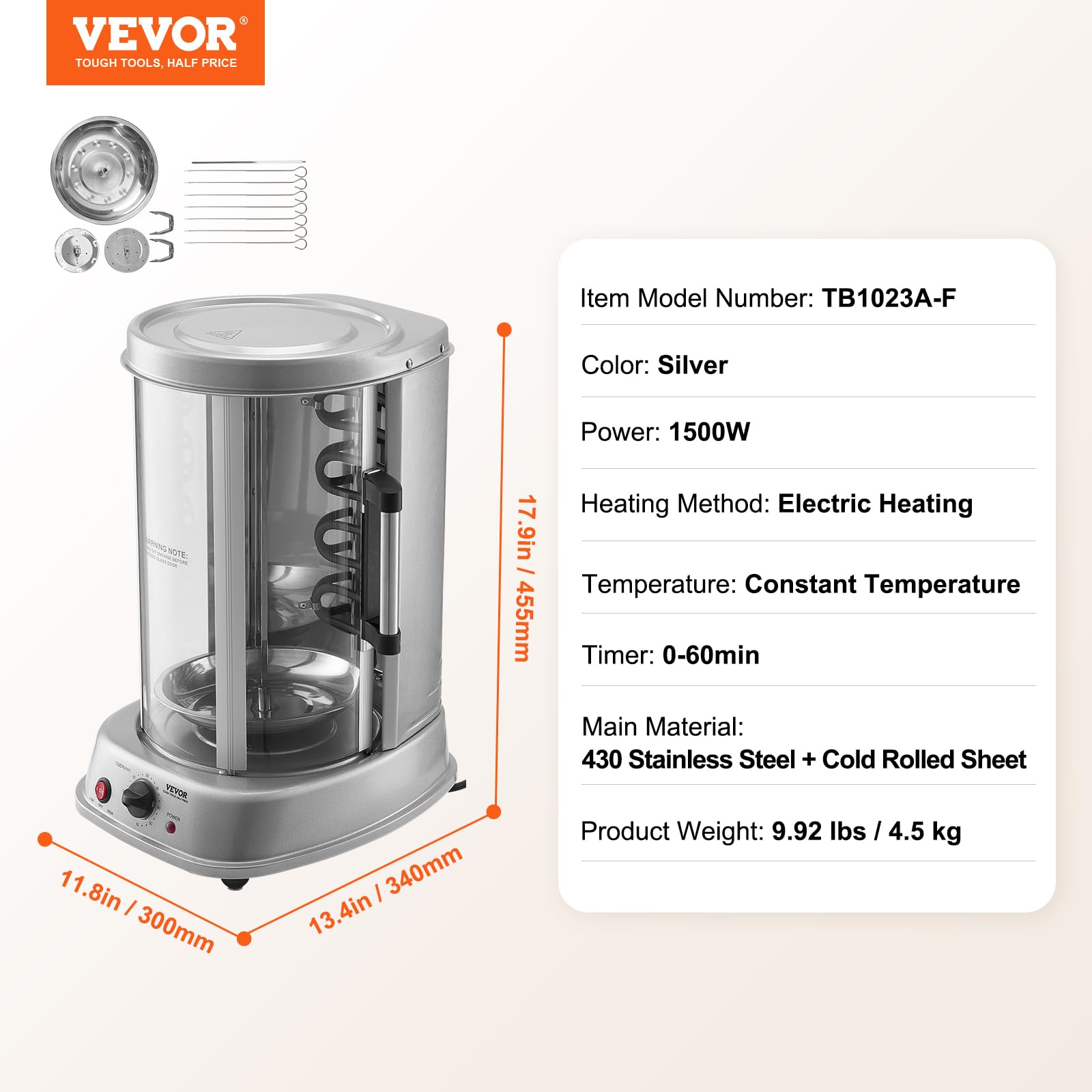 VEVOR Electric Shawarma Grill Machine - Stainless Steel Vertical Chicken Rotisserie Oven for Gyro, Doner Kebab & Shawarma | Commercial & Home Use for Restaurants, Kitchens & Parties | Perfect for Mediterranean Cuisine, Food Trucks & Catering Events