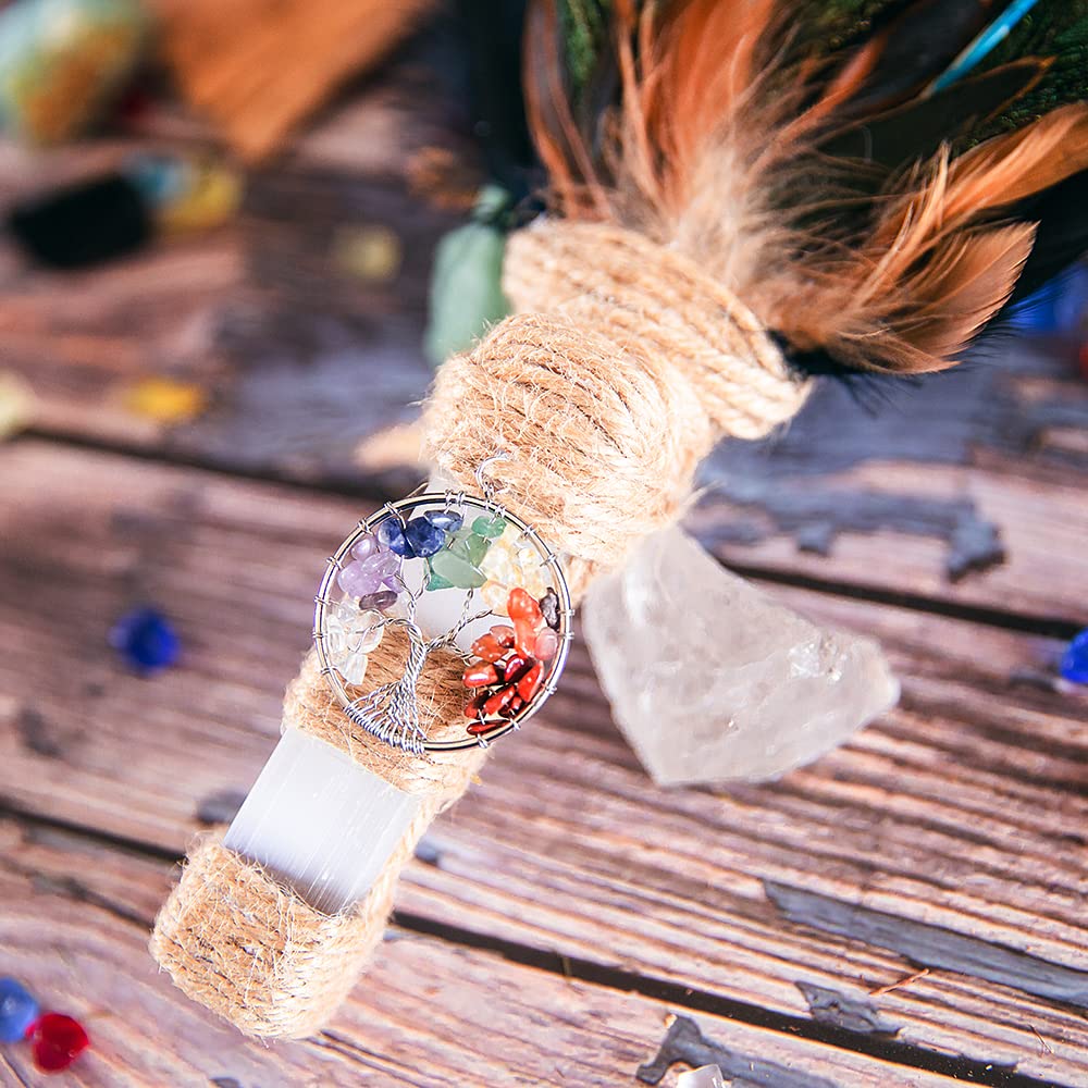 Witch's Wand Feather Smudge Stick with Selenite Handle & Natural Feather - Perfect for Cleansing Rituals, Pagan Altars, Shamanic Ceremonies & Spiritual Healing | Ideal for Home Cleansing, Meditation & Energy Work