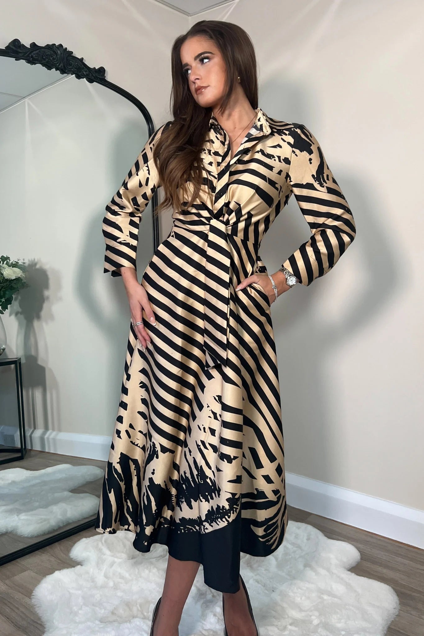 Isabella Stripe Print Tie Front Dress - Women's Floral Summer Dress for Casual Outings, Beach Vacations & Date Nights
