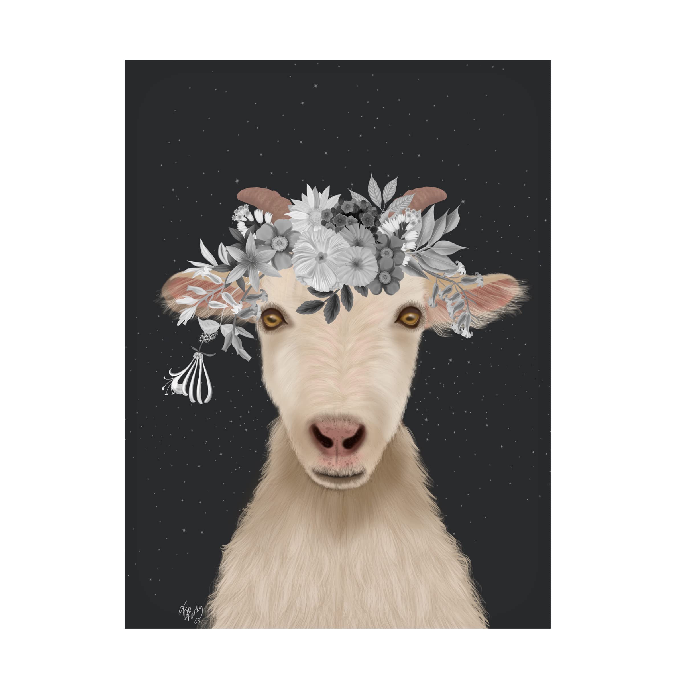 Fab Funky 'Goat 1 White Flowers' Canvas Wall Art Print - Modern Home Decor for Living Room, Bedroom & Office - Handmade Floral Animal Painting