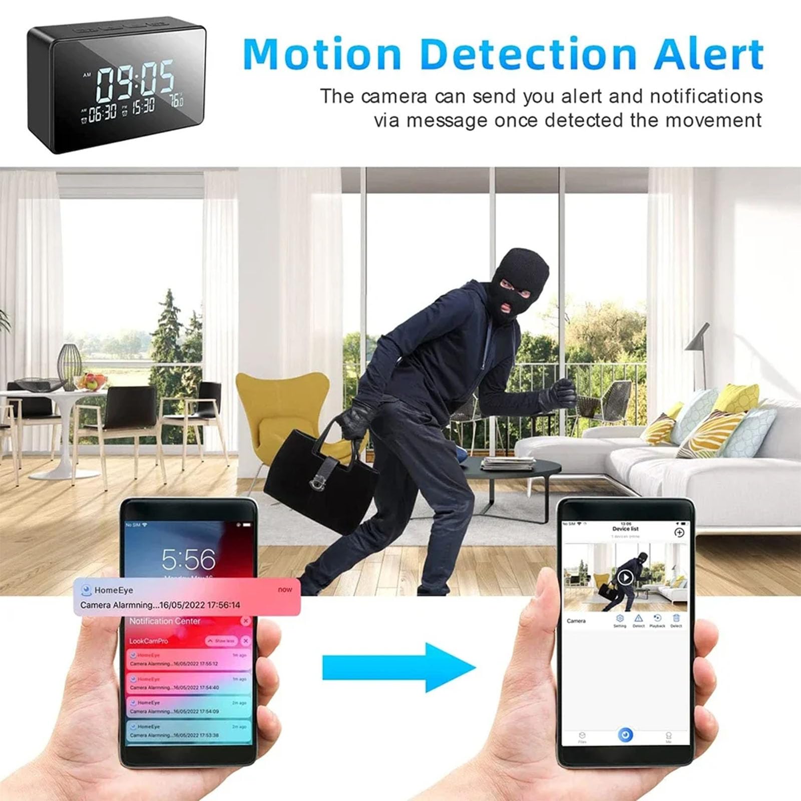 FKINGLRK Wireless IP Camera with Dual Alarm Clock - HD Home Security Surveillance Camera, WiFi Remote Monitoring for Indoor Use, Night Vision, Motion Detection - Perfect for Baby Monitor, Pet Camera & Office Security