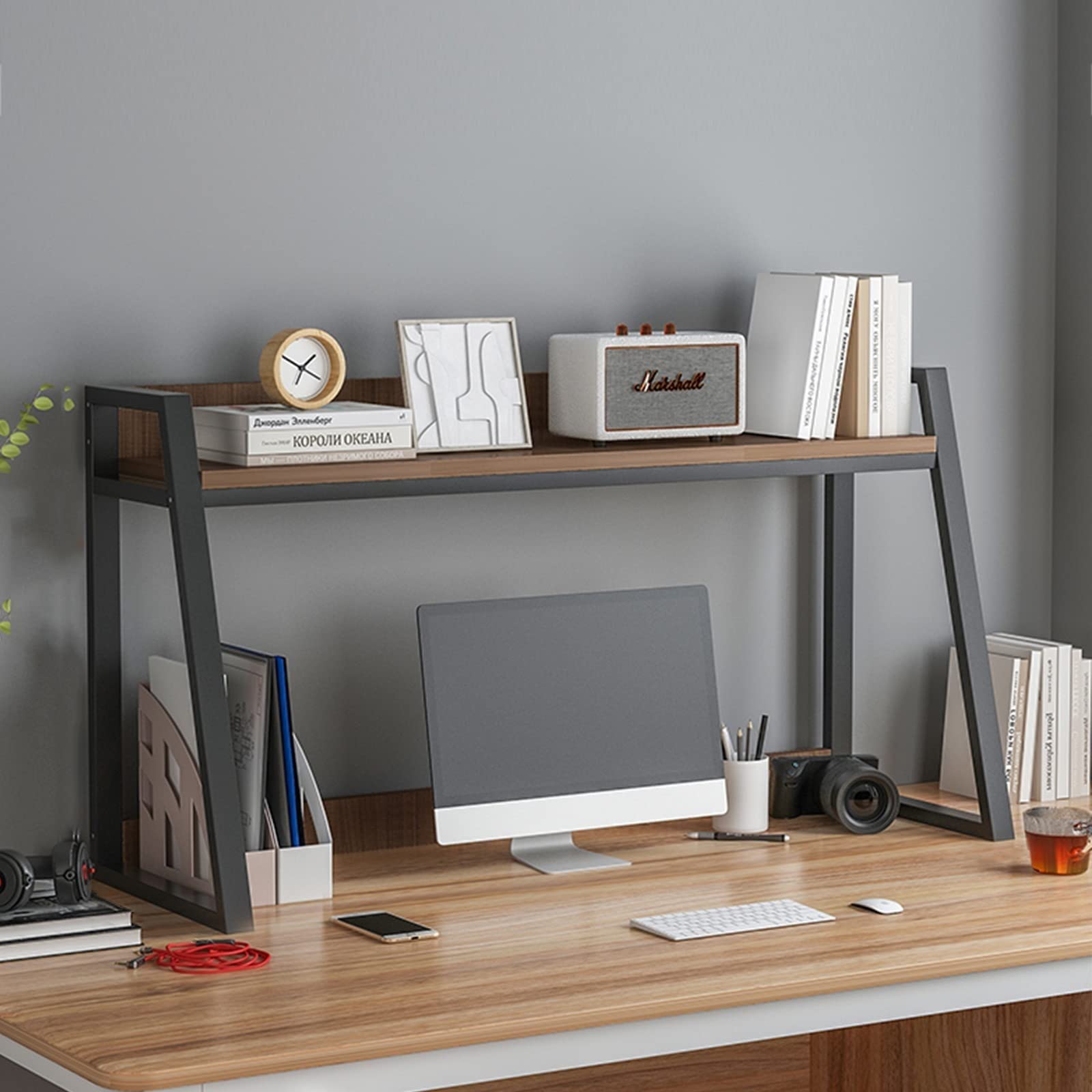 2-Tier Wood & Metal Desktop Bookrack Hutch - Multipurpose Ladder Shelf for Office, Dorm & Home Storage | Compact Countertop Organizer for Books, Supplies & Decor | Perfect for Small Spaces & Workspace Organization