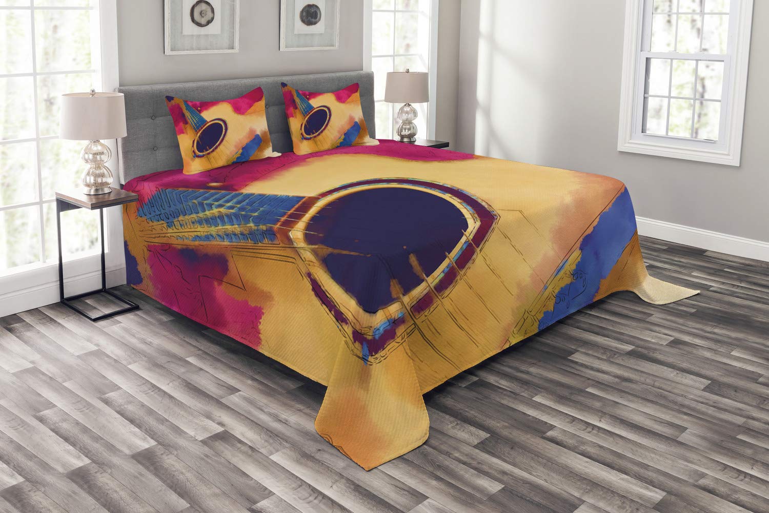 Ambesonne 3-Piece Guitar Bedspread Set - Abstract Strings Watercolor Design, Vintage Inspired King Size Bedding with 2 Pillow Shams in Violet Blue Magenta | Perfect for Music Lovers' Bedroom Decor & Gift Ideas