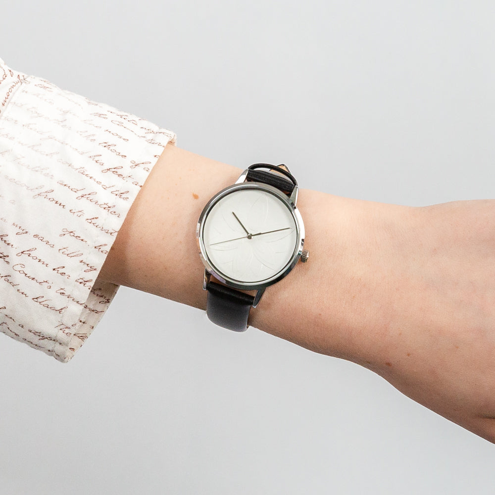 Ellis & Co Women's Black Leather Watch with Pattern Dial - Stylish Accessory for Work, Parties & Everyday Wear