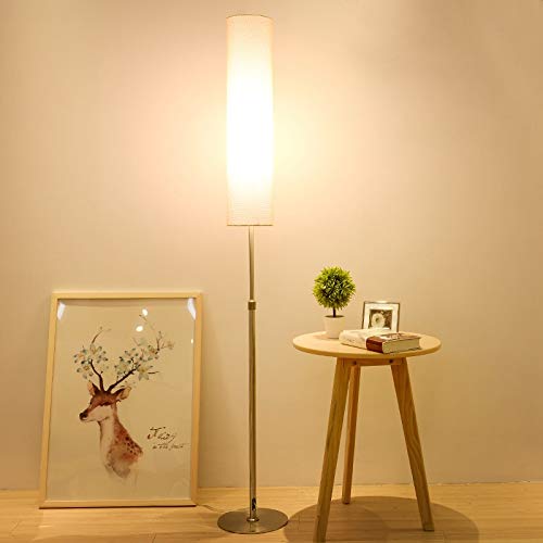 Modern LED Floor Lamp with Cylinder Fabric Shade - Minimalist White Standing Light for Living Room, Bedroom & Hotel - Perfect for Reading, Bedside Nightstand & Ambient Lighting
