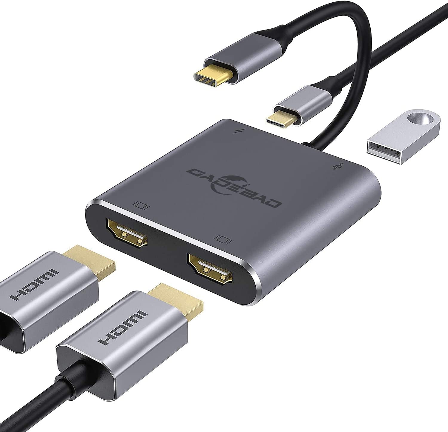 GADEBAO USB C to Dual HDMI Adapter 4K - Thunderbolt 3 to 2 HDMI & DisplayPort Converter - Compatible with MacBook Pro, iPad Pro 2018, Samsung Galaxy S8-S20, Google Pixelbook - Grey | Perfect for Dual Monitor Setup, Home Office & Gaming