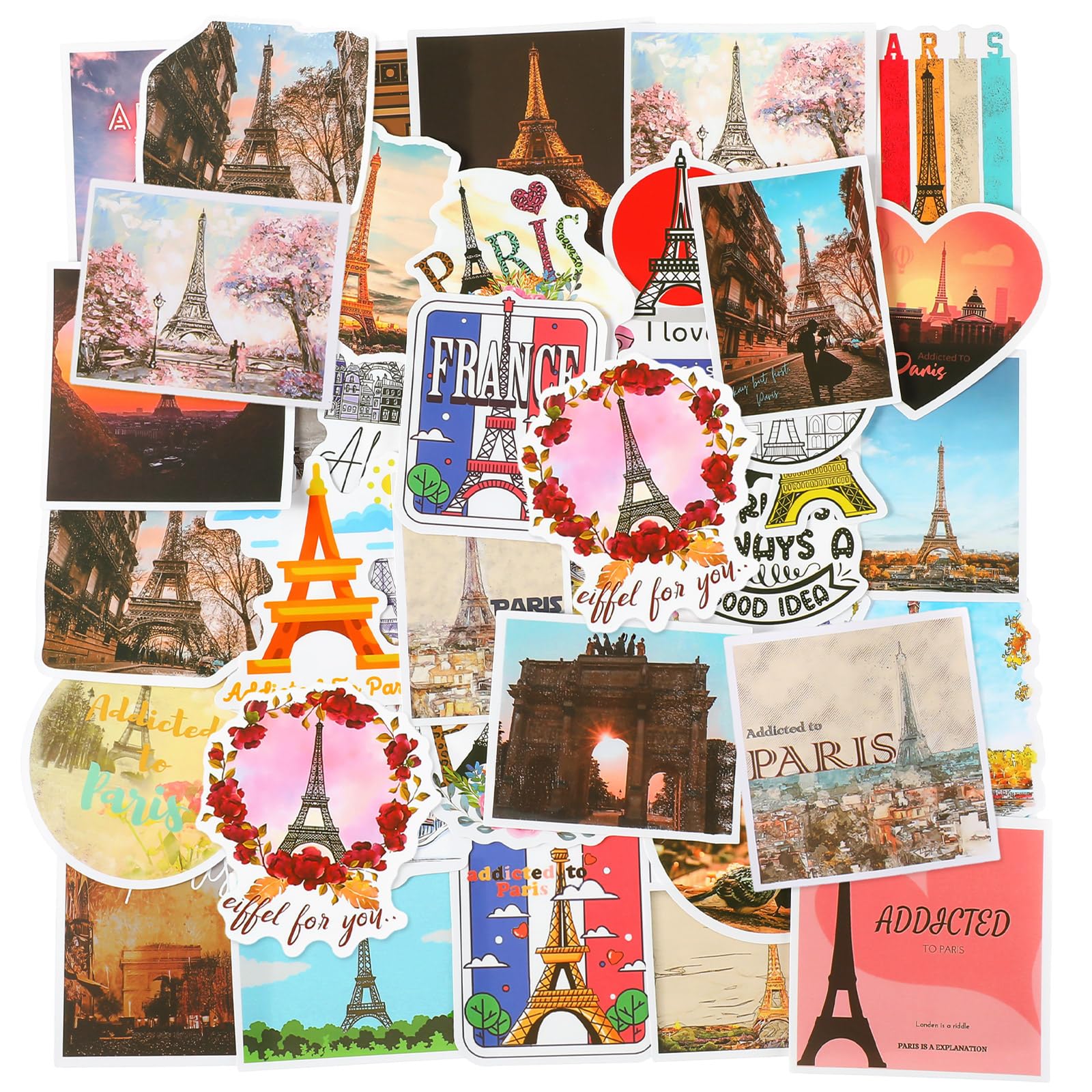 100 Pcs Paris Stickers - French Style Vinyl Decals with Eiffel Tower & US States - Vintage Travel Stickers for Water Bottles, Laptops, Scrapbooking & DIY Crafts