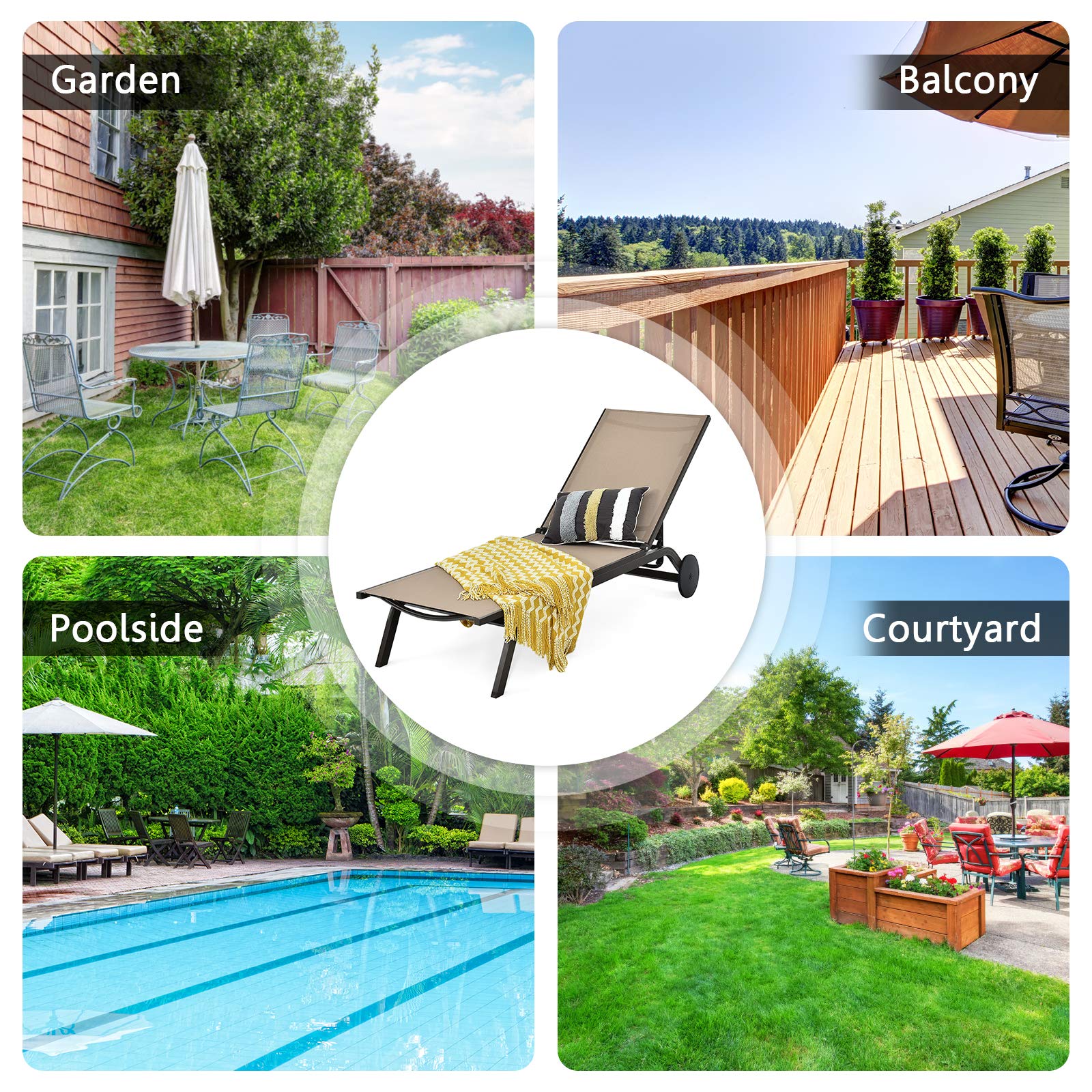Giantex Adjustable Aluminum Patio Lounge Chair with 6-Position Recliner & Wheels - Outdoor Chaise Lounge for Beach, Poolside, Garden & Sunbathing (Brown) - Perfect for Relaxing by the Pool, Backyard Lounging & Outdoor Leisure