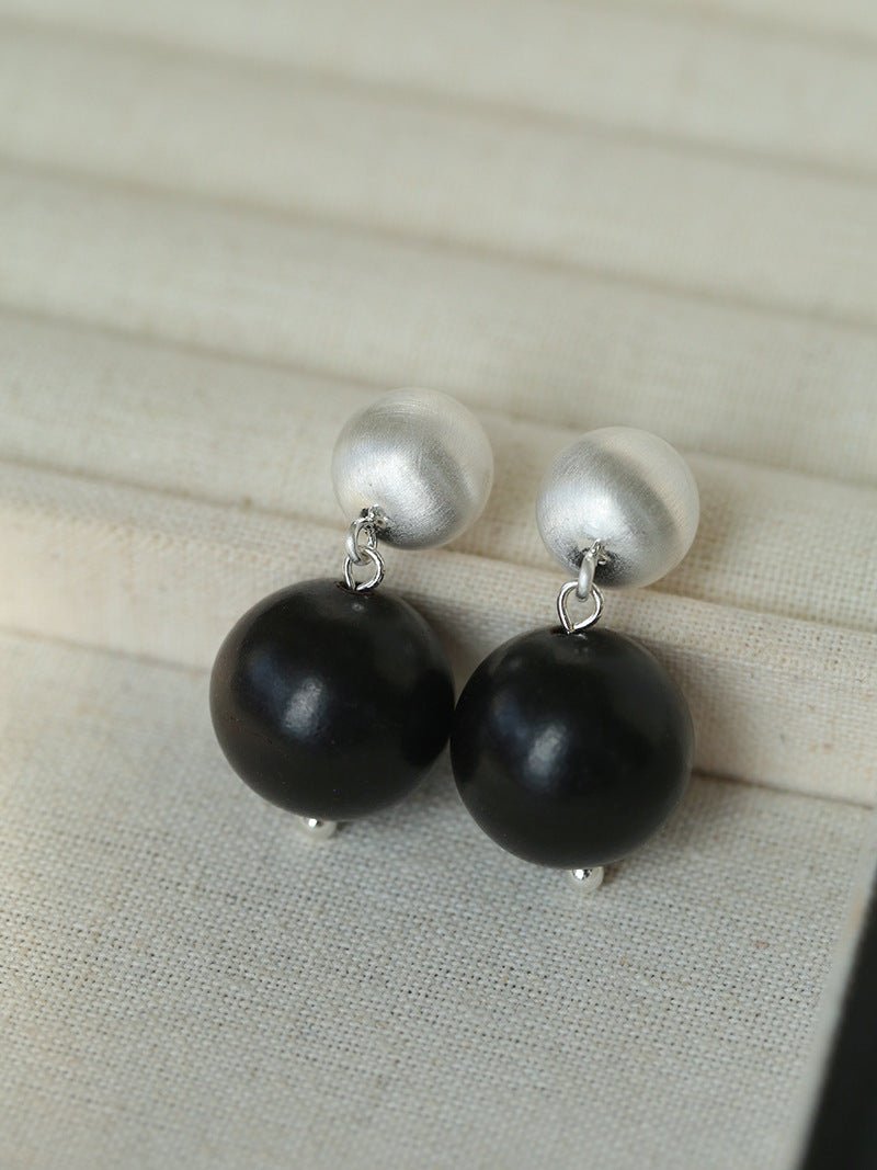 Brushed Ball Ebony Wood Round Bead Drop Earrings for Women - Handmade Natural Wood Dangle Earrings - Perfect for Boho, Casual & Party Wear