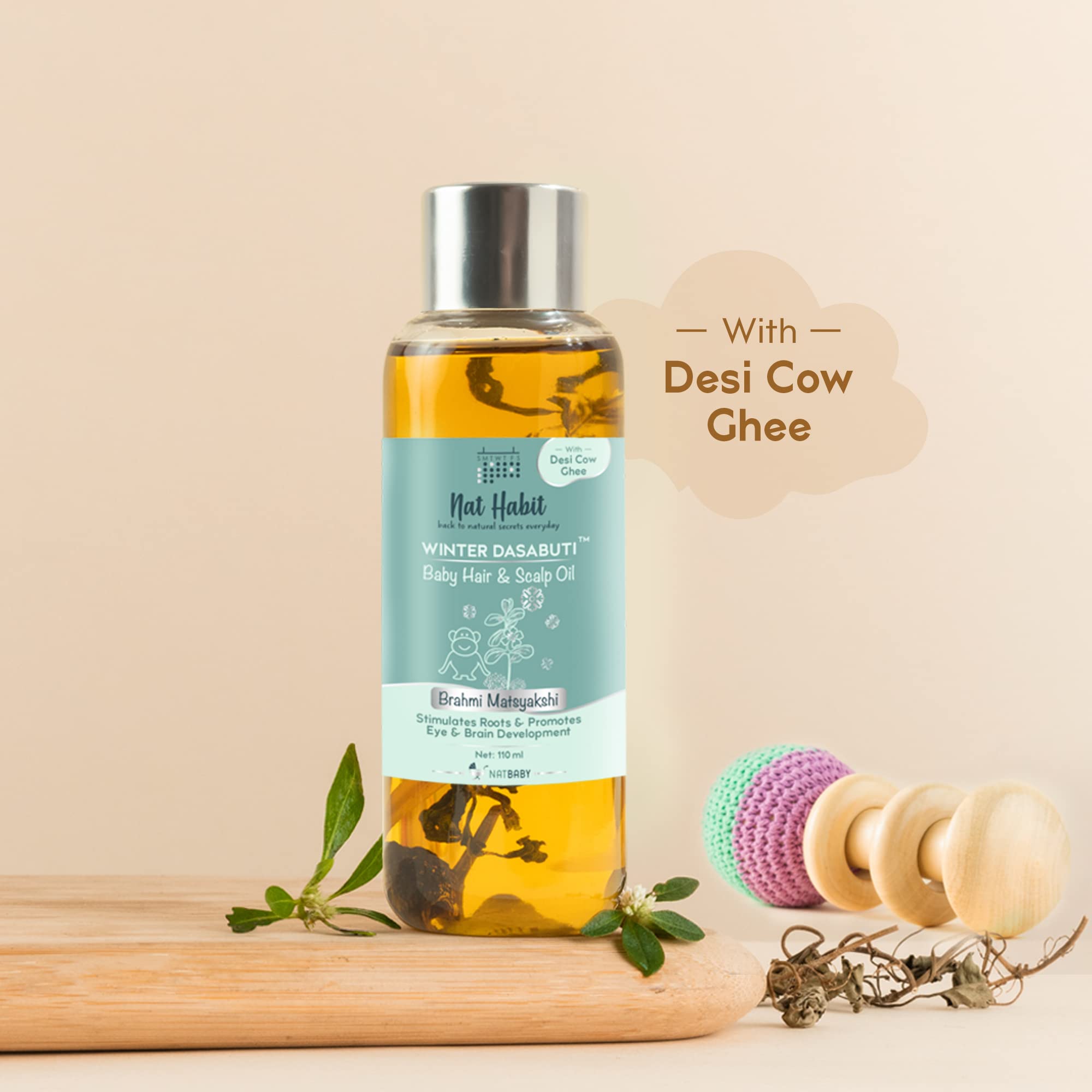 Nat Habit Baby Scalp & Hair Oil 110ml - Brahmi Matsyakshi Dasabuti Oil for Healthy Hair Growth | Prevents Cold, Boosts Immunity | Ideal for Newborns, Infants & Toddlers for Daily Hair Care & Massage