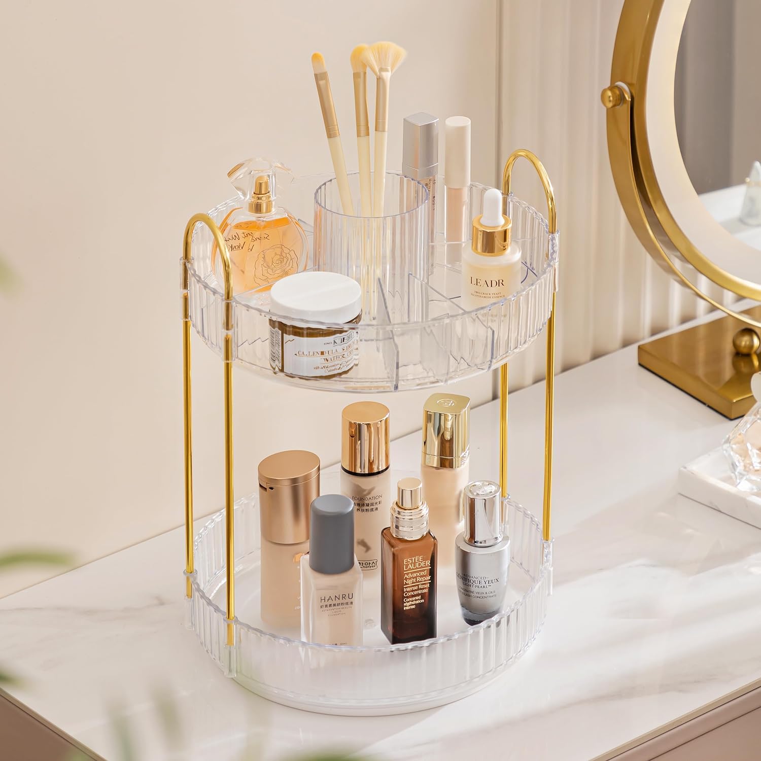 HBlife 360° Rotating Makeup Organizer - 2 Tier Large Capacity Cosmetic Storage for Perfume & Skincare | Clear Acrylic Vanity Organizer for Bathroom, Countertop & Dressing Table | Perfect for Makeup Lovers & Beauty Enthusiasts