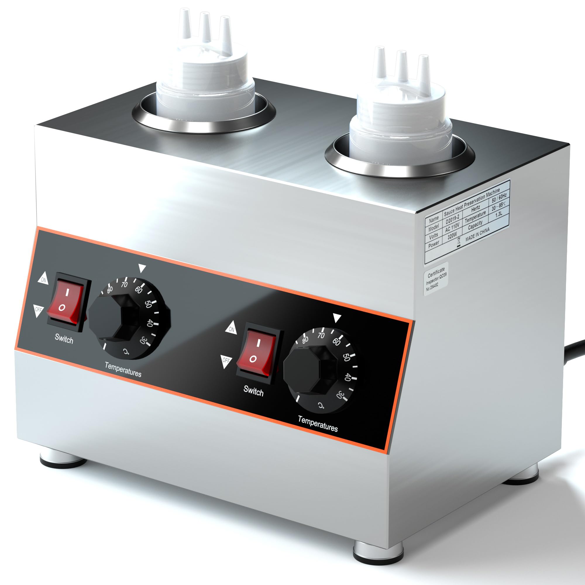 Electric Cheese Sauce Warmer - 2 Pot Hot Fudge Heater with 2 Bottles for Restaurants, Cafes & Catering - Perfect for Nachos, Fondue & Dessert Toppings