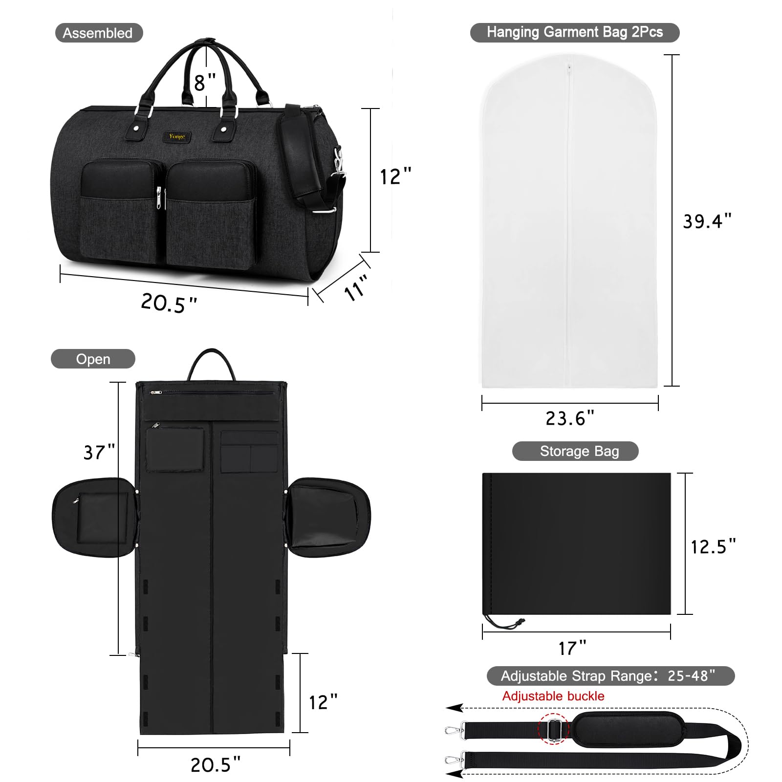 2-in-1 Convertible Travel Garment Duffle Bag Set for Men & Women - Large Carry-On Weekender with Hanging Suit Dress Clothes Organizer & Crossbody Bag (4pc) - Perfect for Business Trips, Gym & Weekend Getaways
