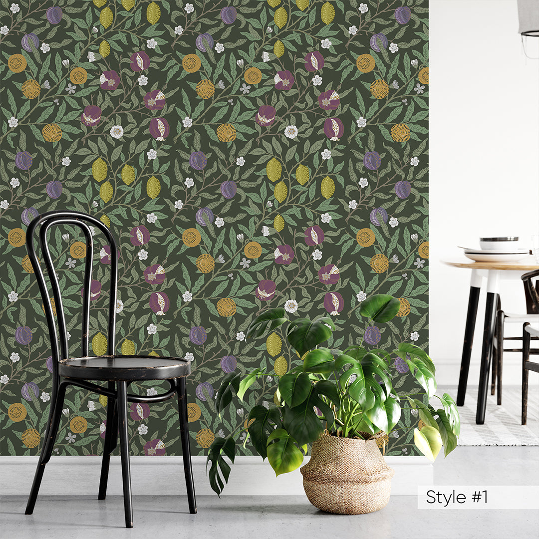 Morris Wallpaper W115 - Green & White Fruit Pomegranate Peel & Stick Wallpaper | Perfect for Kitchen, Dining Room, and Home Decor