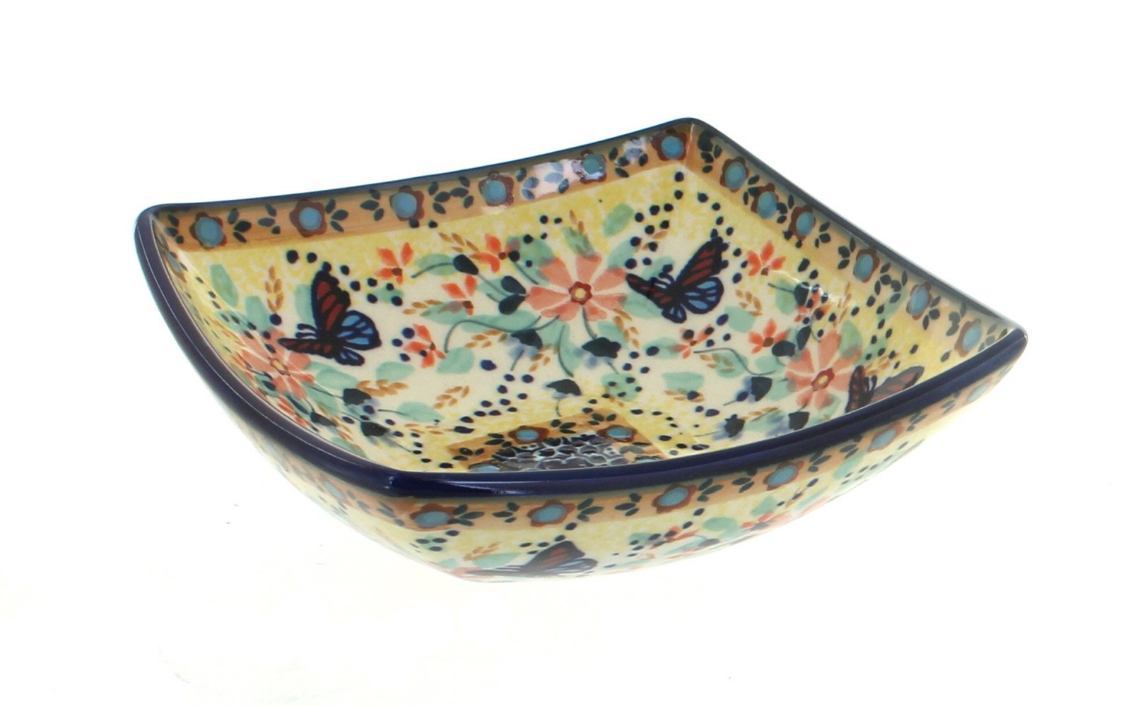 Handmade Blue Rose Polish Pottery Bowl with Butterfly Design - Small Square Ceramic Serving Bowl for Salads, Snacks & Home Decor