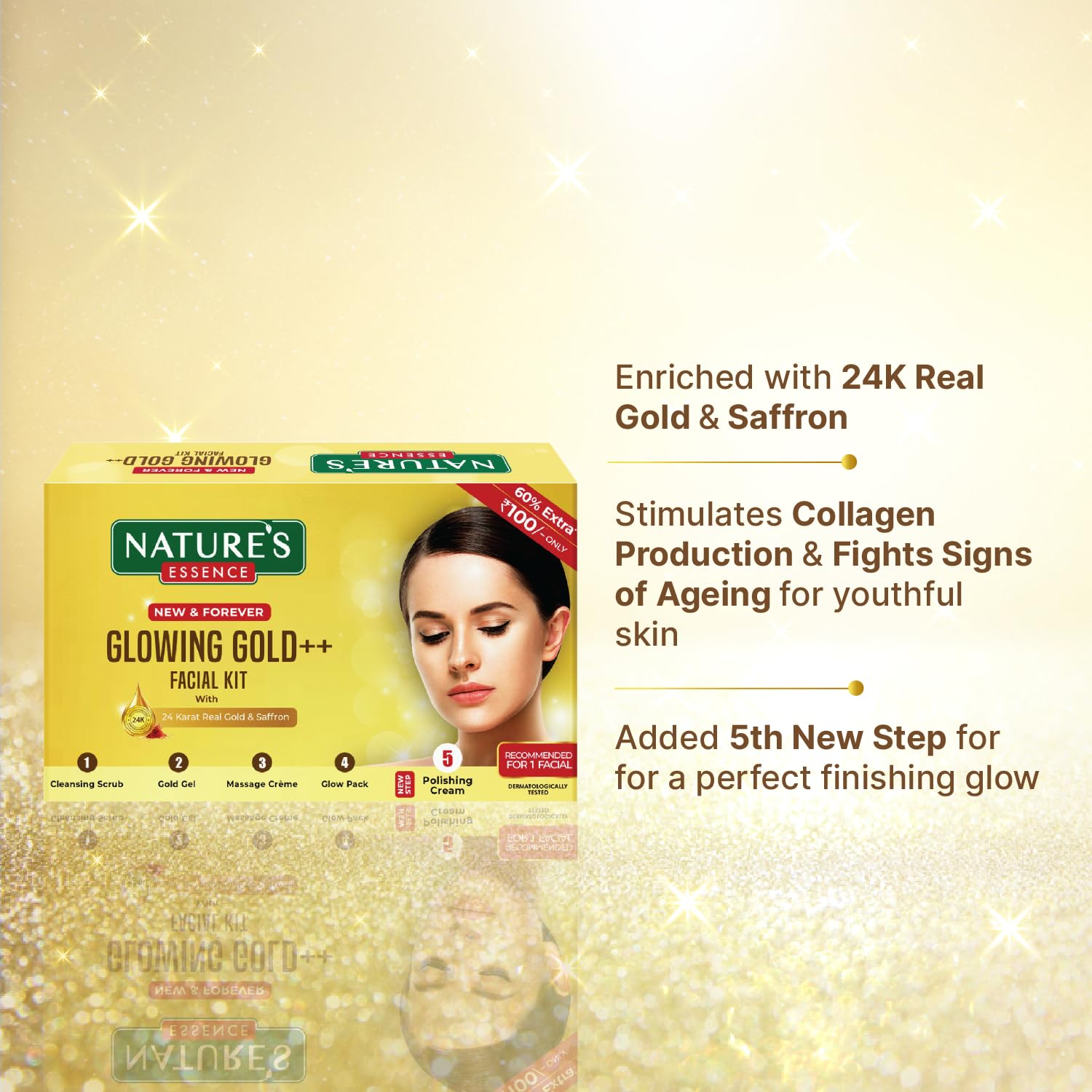 NATURES ESSENCE Glowing Gold Facial Kit - 3-in-1 Gel for Radiant Skin (4 Count, 20G) | Hydrating & Brightening Treatment for Daily Skincare Routine