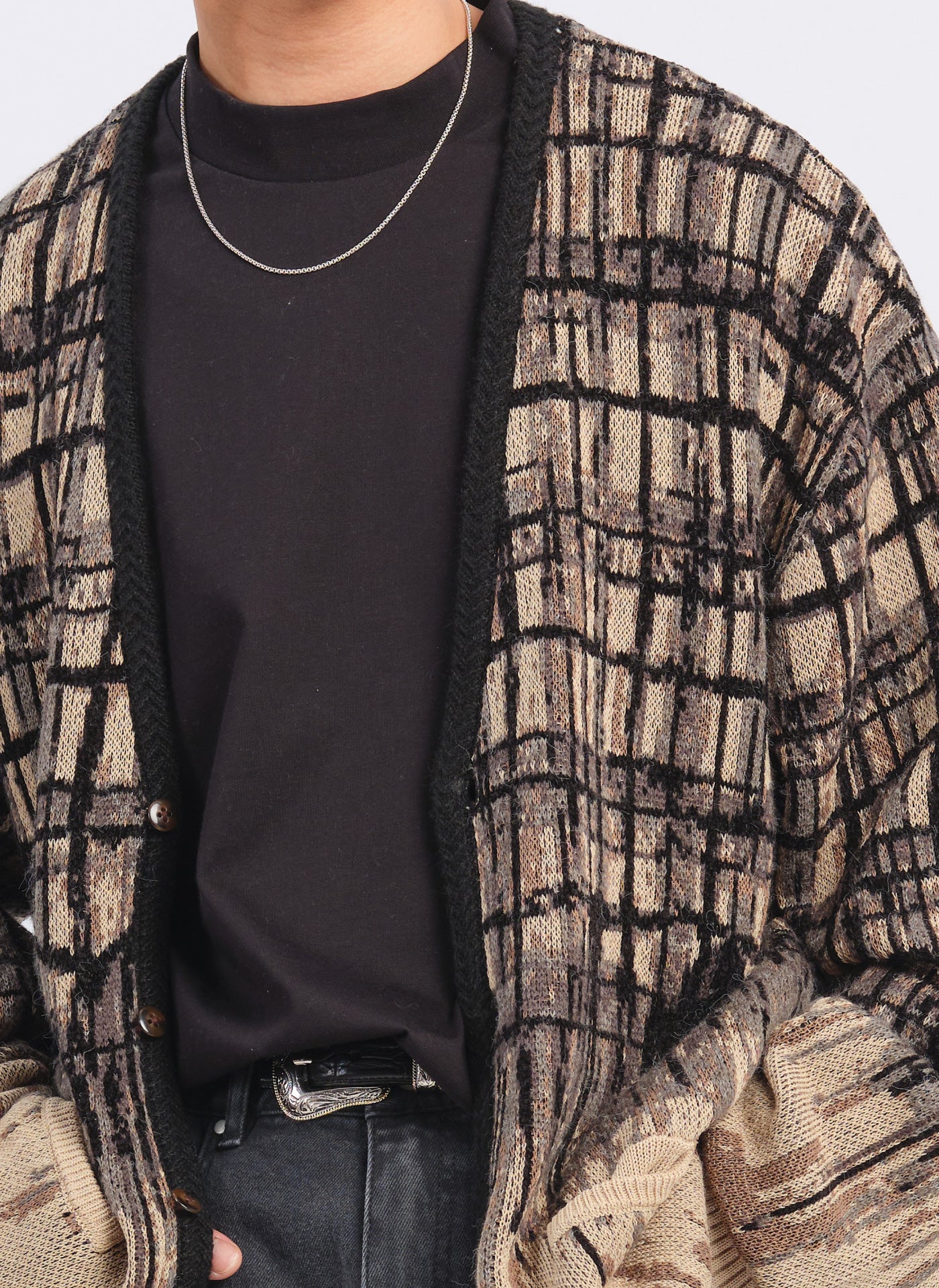 Stylish Viscose Nylon Checkered Cardigan for Women - Hand-Drawn Pattern, Lightweight Open Front Sweater for Casual Outfits & Layering in Fall/Winter