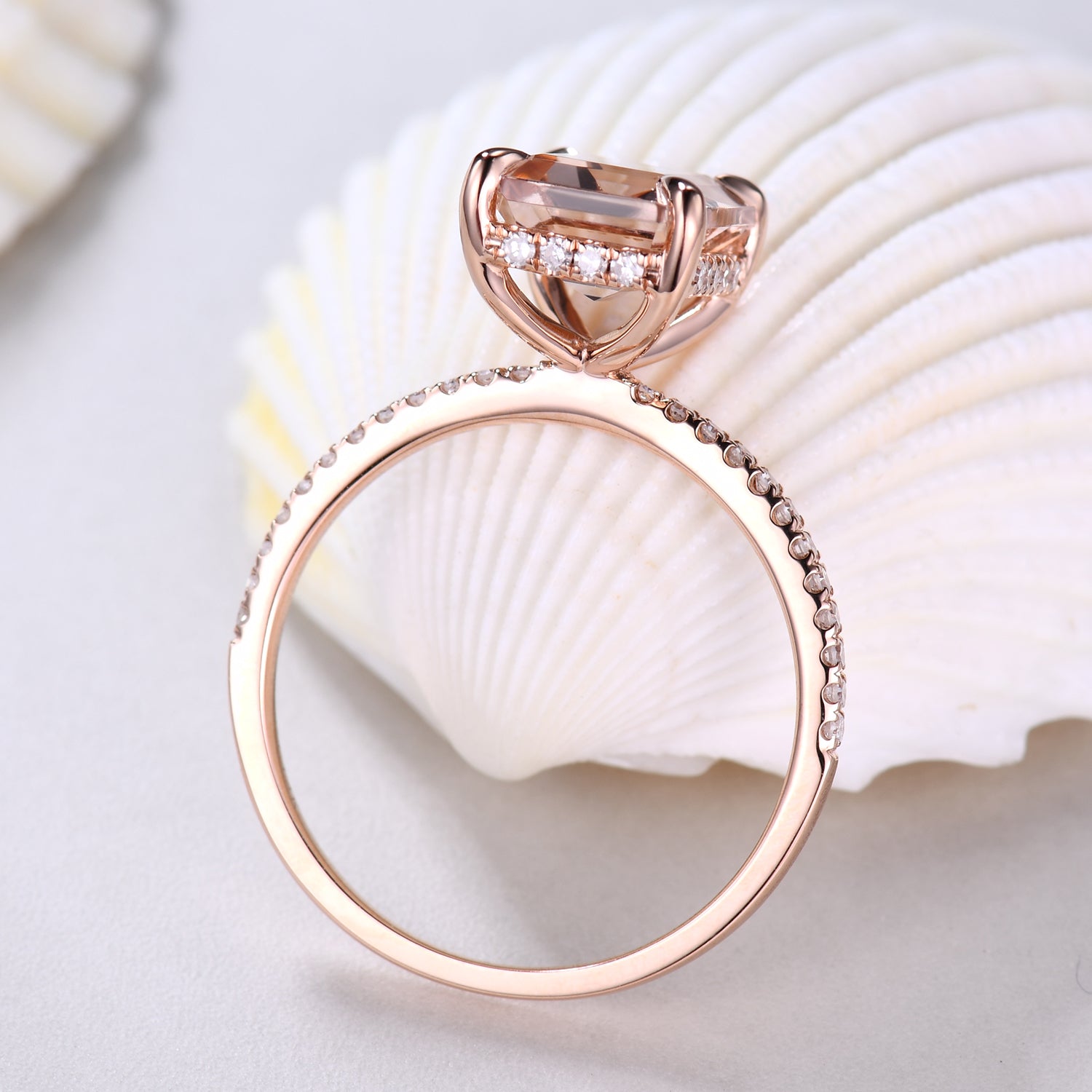 6x8mm Emerald Cut Morganite Engagement Ring with Hidden Halo & Diamond Accents in Rose Gold - Perfect for Proposals, Anniversaries & Romantic Occasions