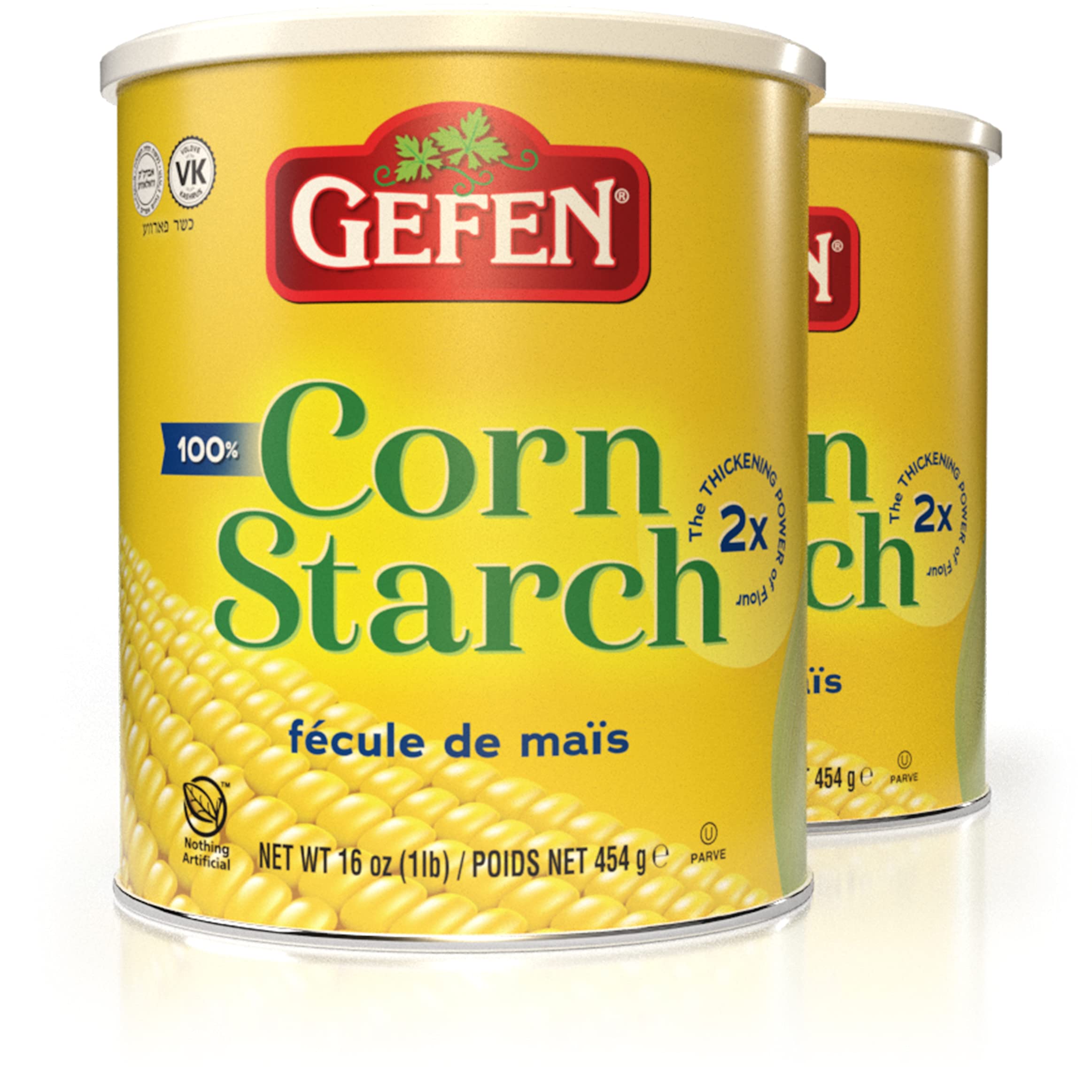 Gefen 100% Pure Corn Starch - 16oz (2 Pack, Total 2 Lbs) | Gluten Free Thickener for Baking & Cooking | Resealable Lid | Single Ingredient | Perfect for Sauces, Soups & Desserts