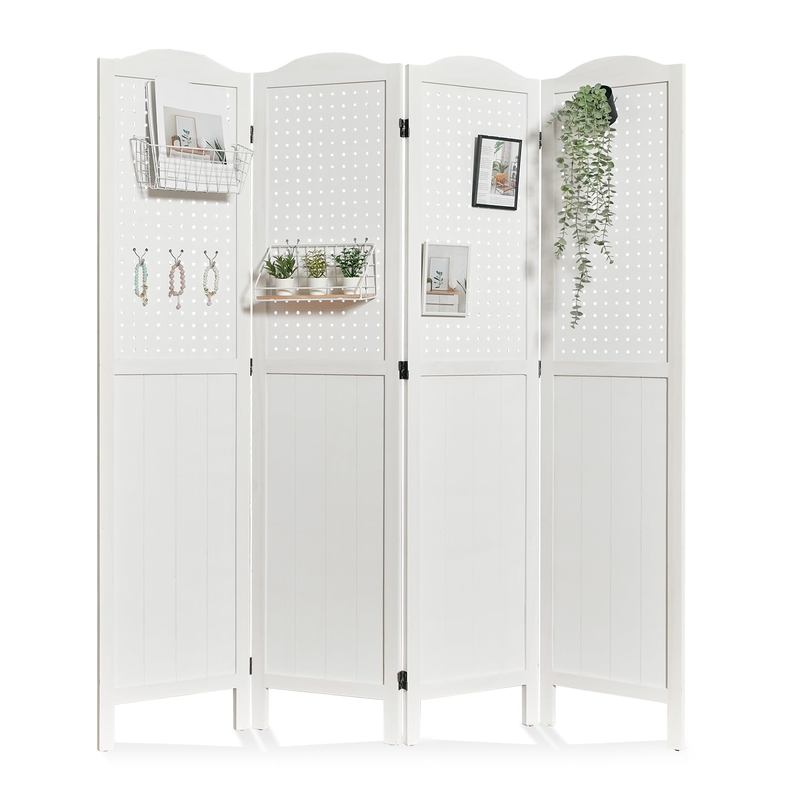 4 Panel Wooden Pegboard Display - 5.75Ft Freestanding Room Divider & Privacy Screen for Craft Fairs, Exhibitions, Trade Shows - White Folding Partition for Booth Decoration & Retail Display - Perfect for Craft Rooms, Home Offices, and Event Spaces
