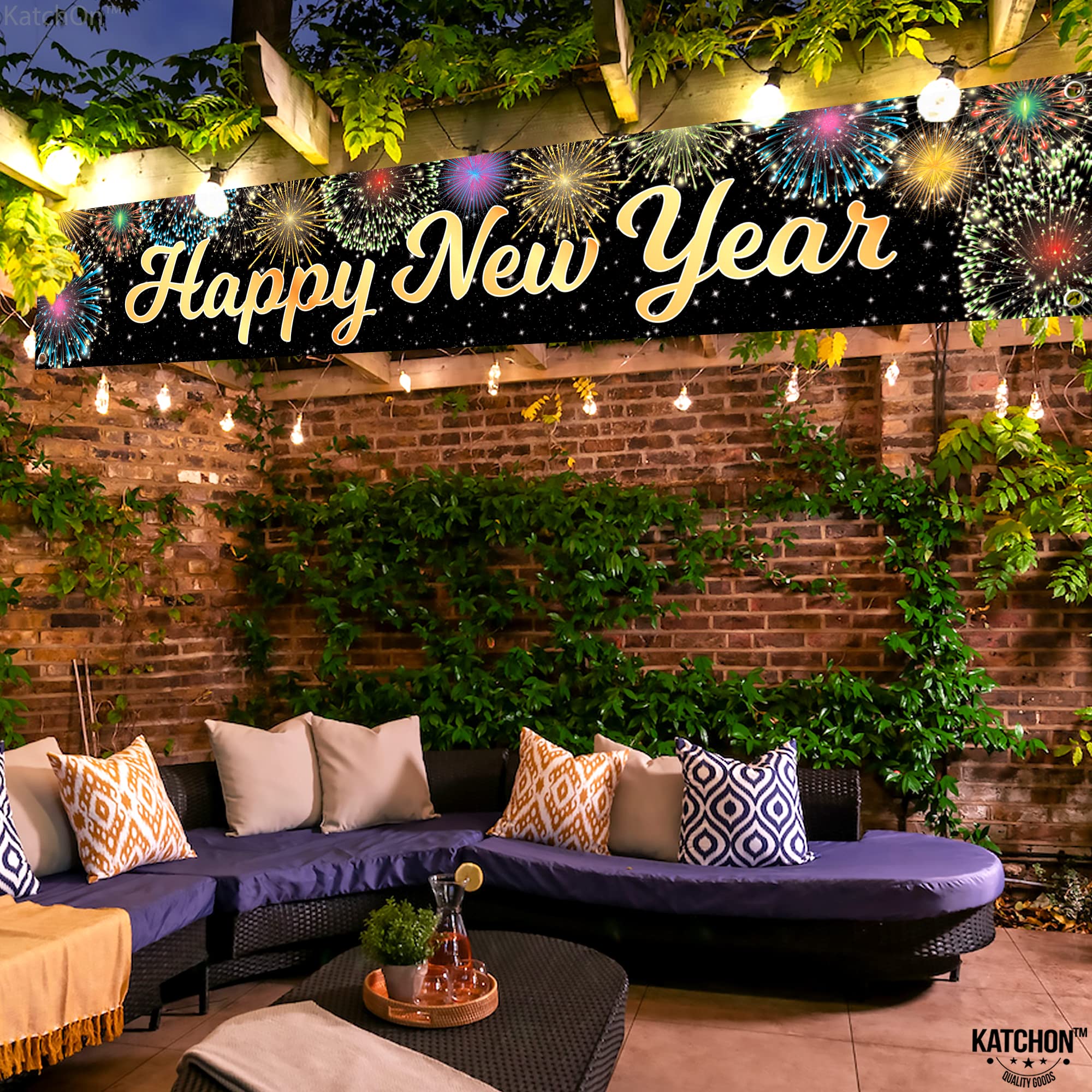 KatchOn 2025 Happy New Year Banner - 120x20 Inch Large Yard Sign for Outdoor & Indoor NYE Party Decorations | New Year's Eve Party Supplies 2025 | Durable Holiday Decoration for Home, Lawn, Office & Festive Celebrations