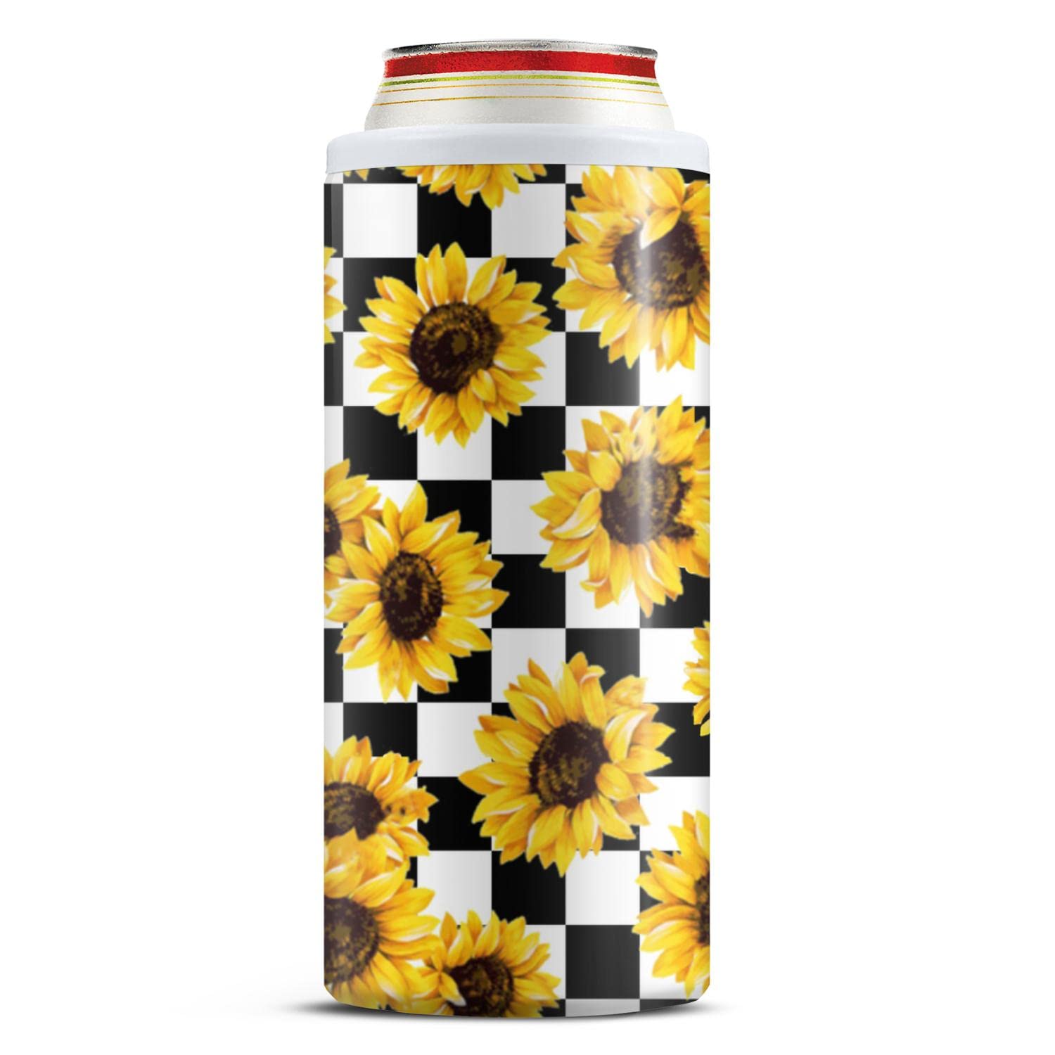 Black and White Checkered Sunflower 12 Oz Slim Can Insulated Cooler - Skinny Can Cooler Sleeve for Slim Beers, Hard Seltzers, Tall Drinks - Perfect for Picnics, Beach Days, and Outdoor Parties
