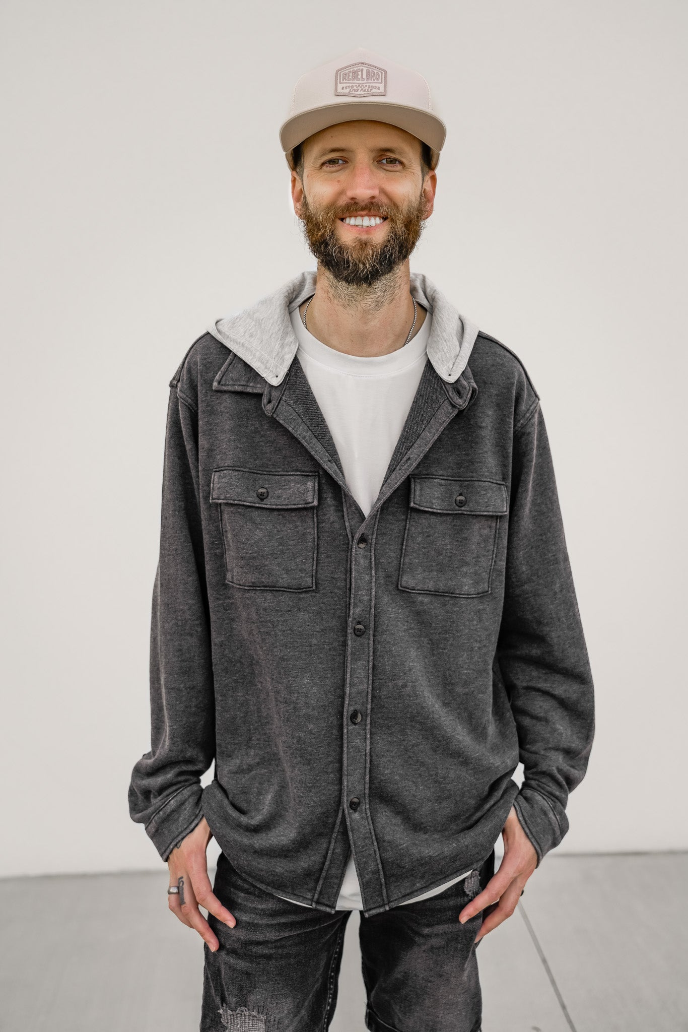 Lightweight Hooded Shacket for Men & Women - Charcoal Wash | Casual Outerwear for Fall & Winter Layering