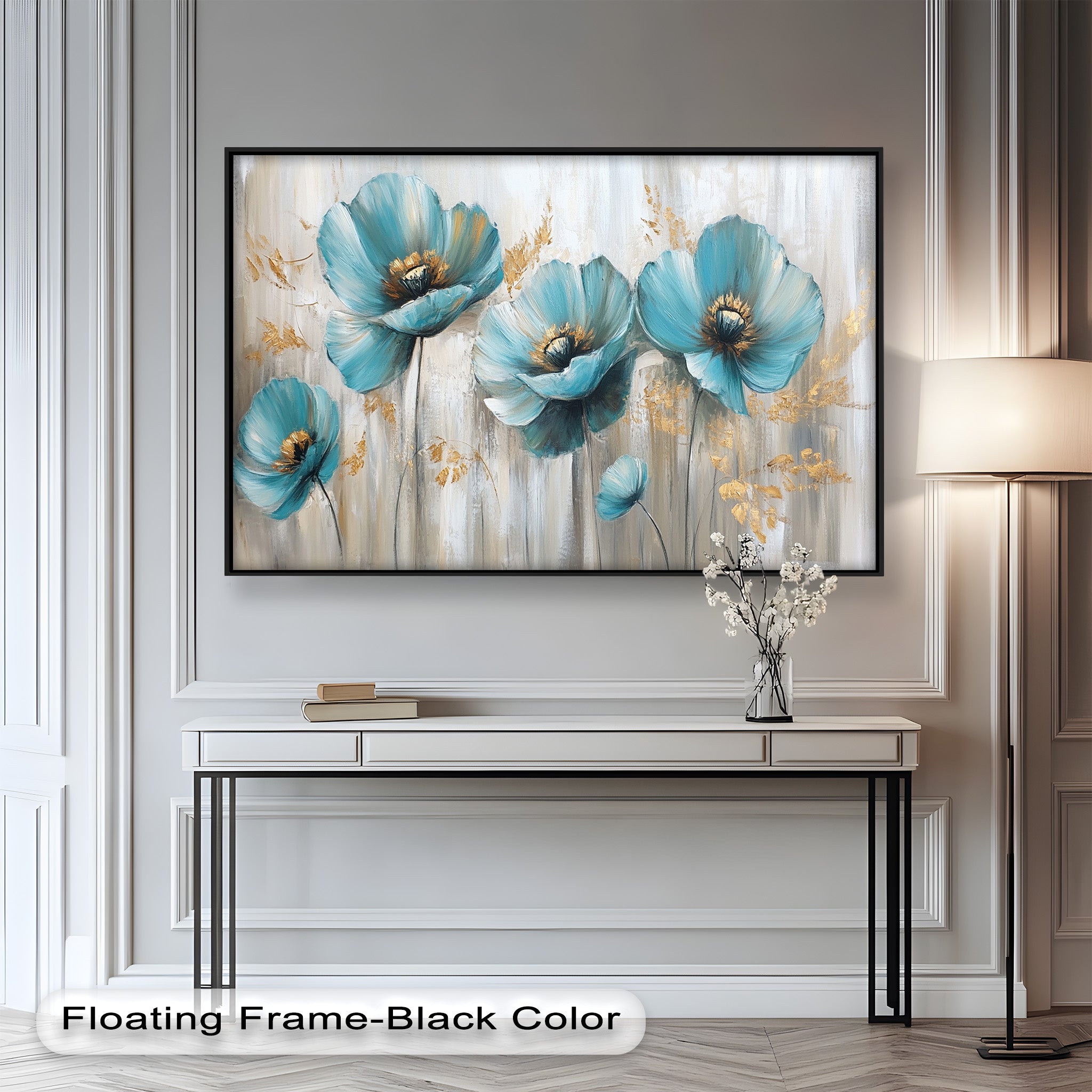 Blue Poppies with Metallic Accents Oil Painting - Floral Wall Art for Living Room, Bedroom & Office Decor