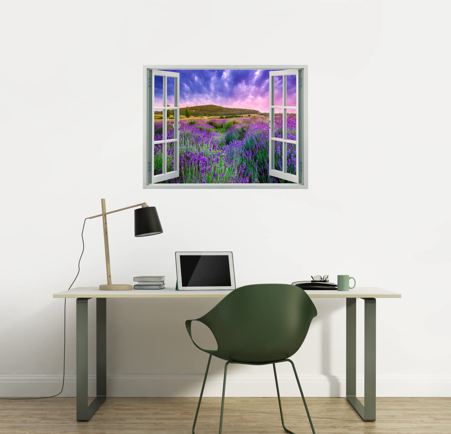 Peel & Stick Faux Window Wall Decal - Sunset Over Lavender Field Wall Sticker (36x27 inches) - Perfect for Bedroom, Living Room & Office Decor