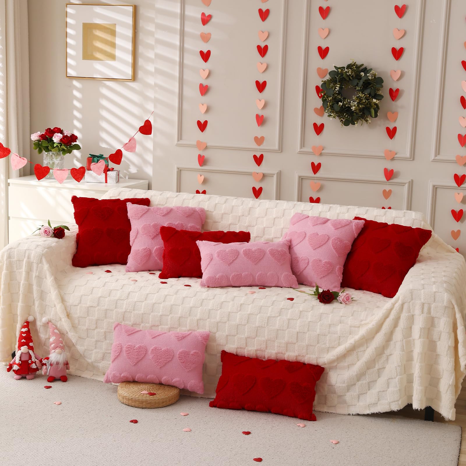 Valentine's Day Throw Pillow Covers 18x18 Inch Set of 2 - Soft Plush Faux Fur Heart-Shaped Decorative Pillow Cases for Couch, Sofa, Living Room & Bedroom Decor - Perfect for Romantic Home Decor, Anniversary Gifts & Cozy Winter Accents