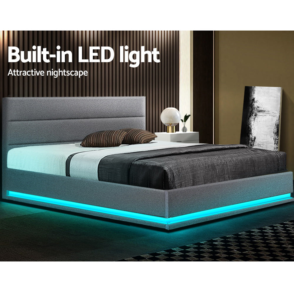 Henley Queen Size Gas Lift Storage Bed Frame with LED Lights - Grey Upholstered Platform Bed for Modern Bedroom, Guest Room, or Small Space
