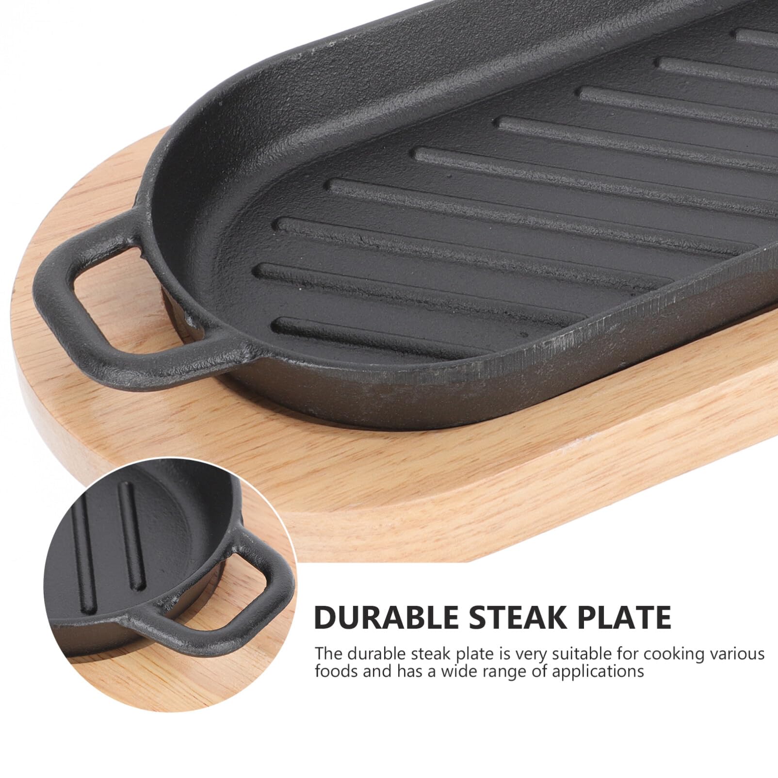 Pre-Seasoned Cast Iron Sizzling Plate with Wooden Base - Steak Platter, Fajita Pan & Japanese Teppanyaki Grill for Restaurants, Home Dining & Outdoor BBQ