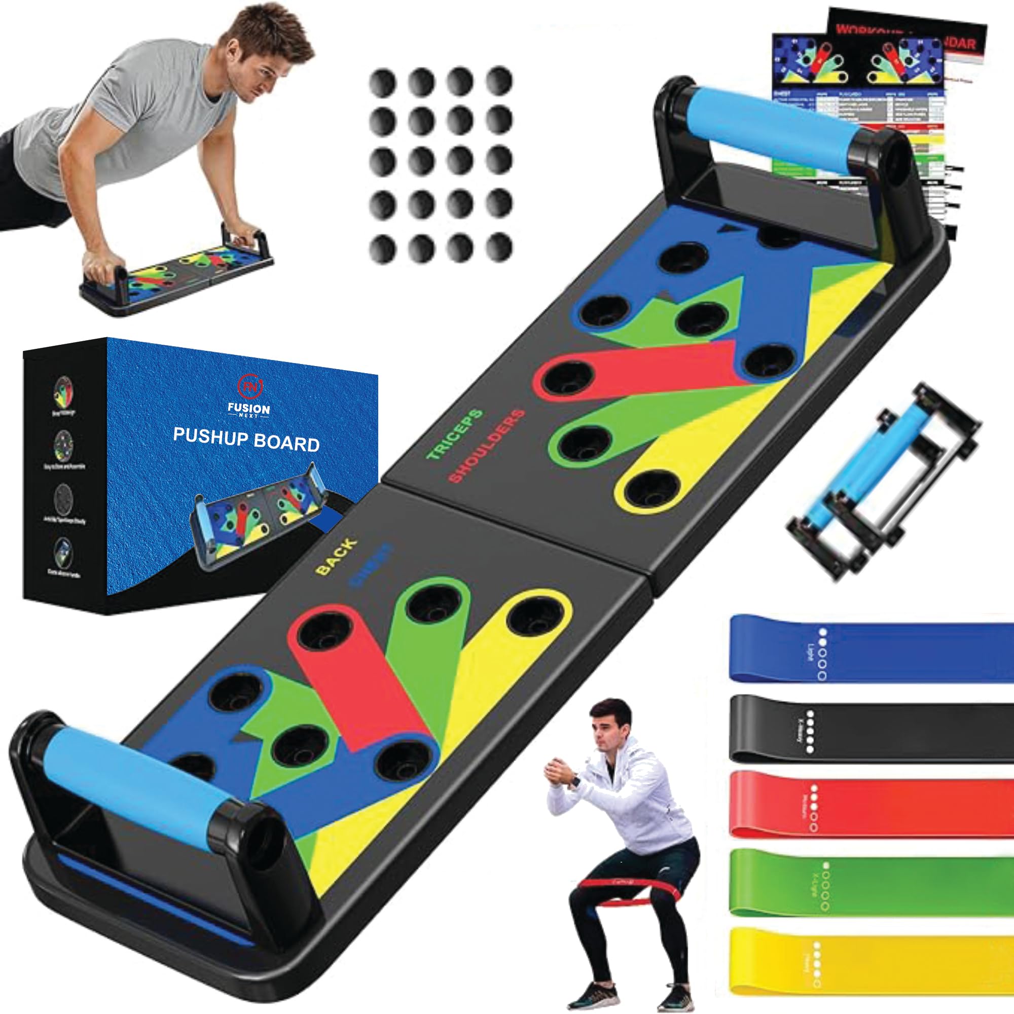 Foldable Push Up Board with 5 Resistance Bands - Multi-Function Home Gym Equipment for Men & Women - Strength Training & Exercise Workout Gear for Chest, Arms & Core - Perfect for Home Fitness & Outdoor Workouts