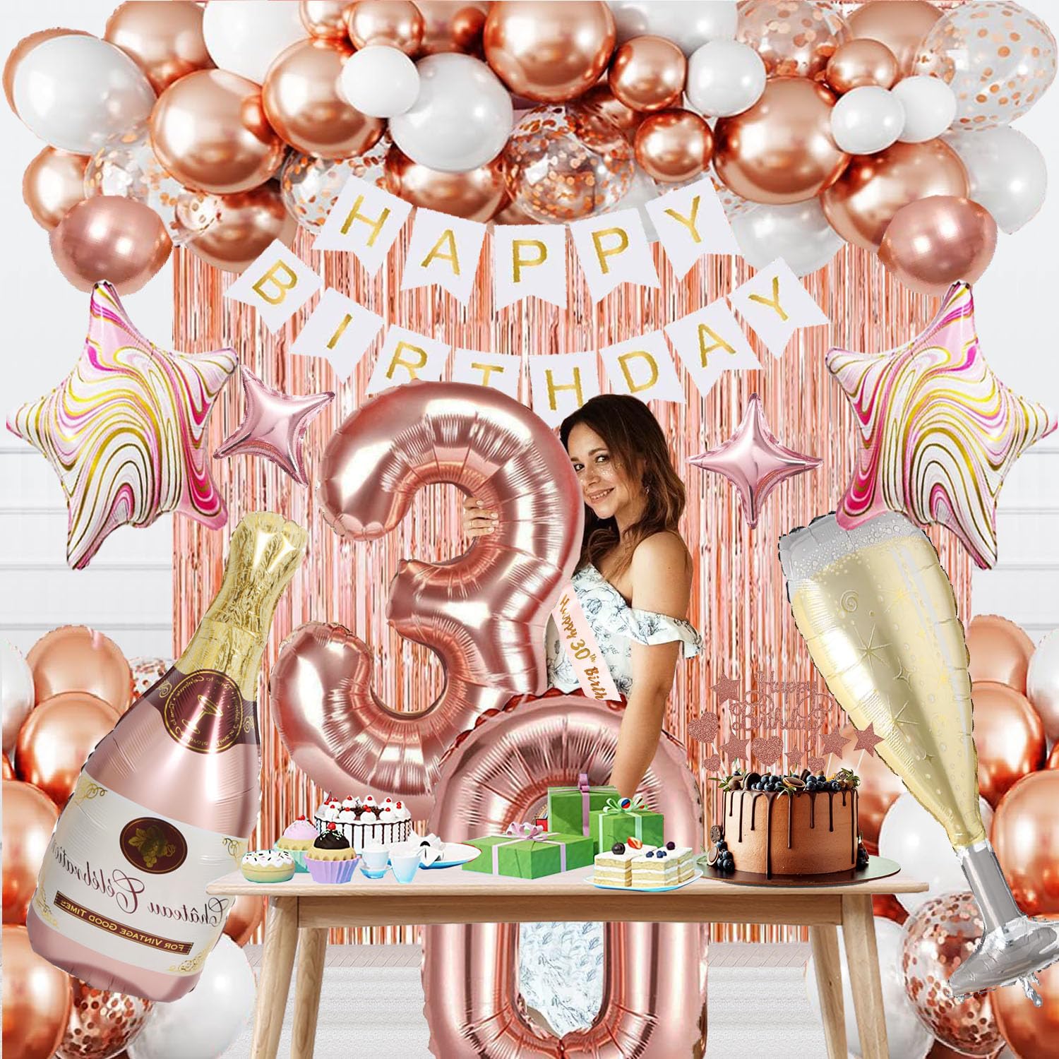 Rose Gold 30th Birthday Party Decorations for Women - Happy Birthday Banner, Cake Topper, Foil Balloons & Sash - 30 Birthday Party Supplies for Her - Perfect for Milestone Celebrations, Girls' Thirty Birthday Parties & Special Occasions
