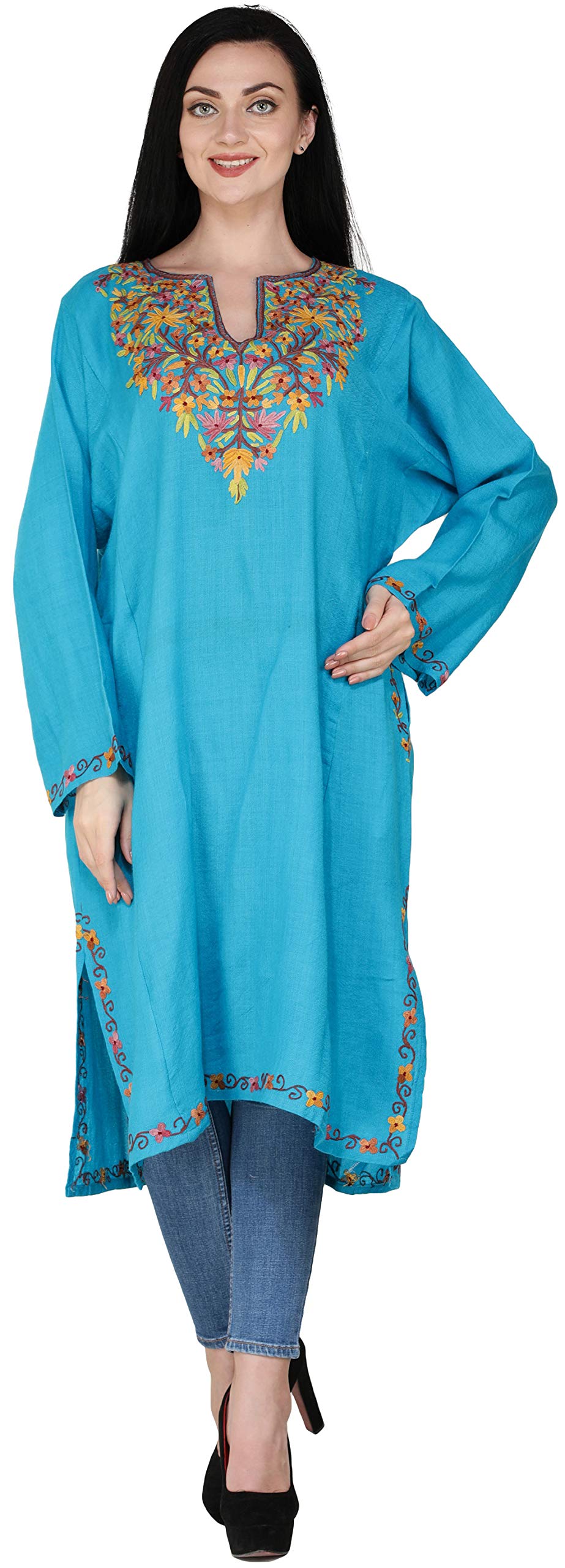 Hand-Embroidered Kashmiri Wool Phiran Shawl with Ari Neck Design - Winter Wear for Women, Perfect for Festivals, Weddings & Cold Weather Fashion