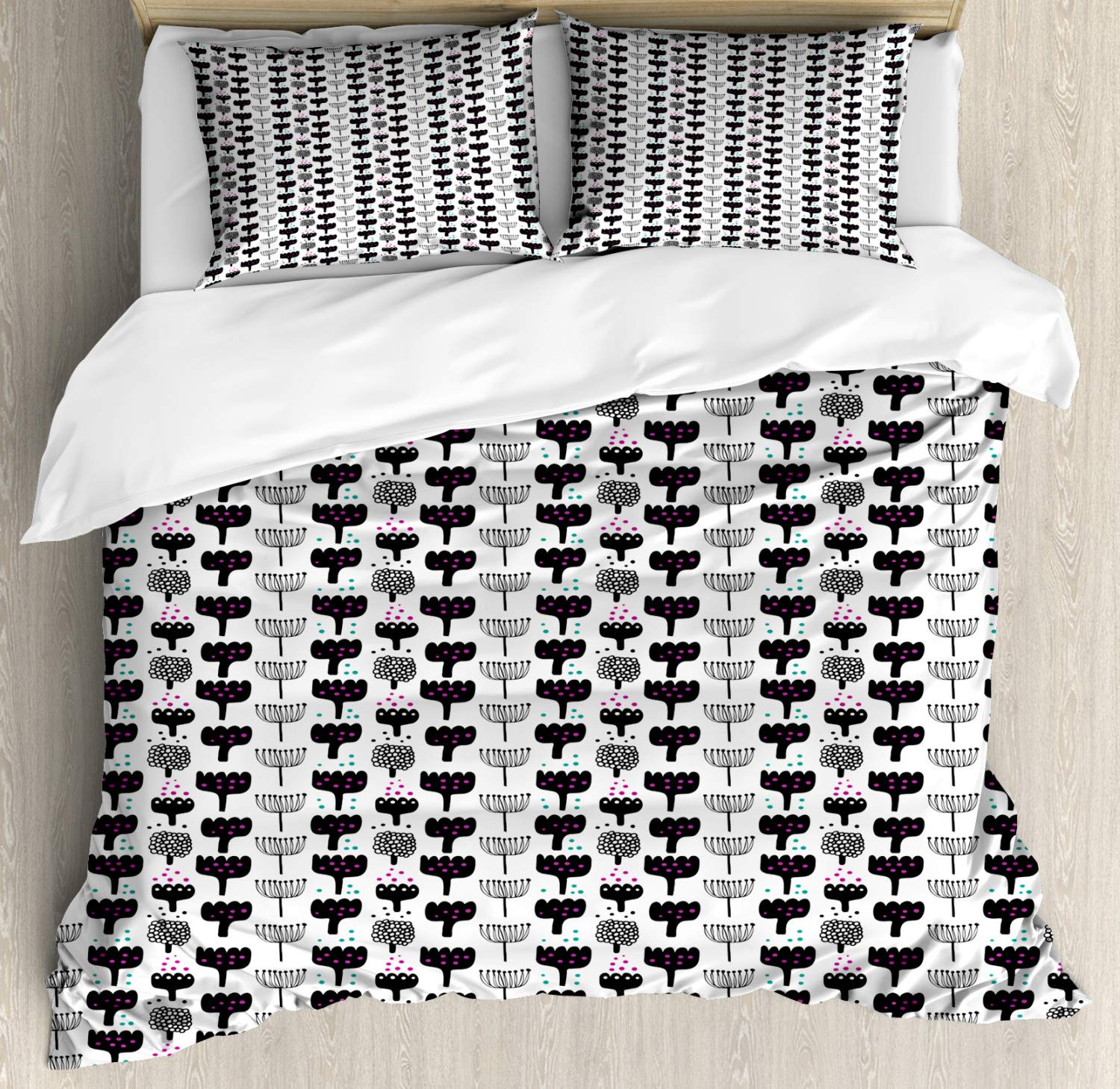Ambesonne Nordic Duvet Cover Set - Abstract Floral Scandinavian Style 3-Piece Bedding with 2 Pillow Shams, King Size in Black Magenta Seafoam | Modern Home Decor for Master Bedroom, Guest Room & Airbnb Stays