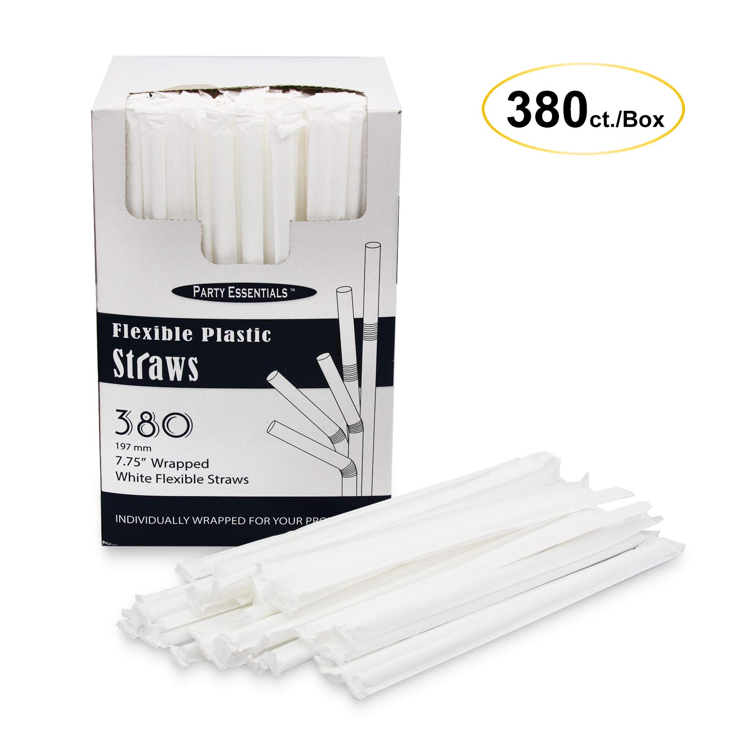 Individually Wrapped 7.75-Inch Disposable White Plastic Drinking Straws - 25 Packs of 380 (9,500 Straws) - Perfect for Parties, Restaurants, Cafes, and Events