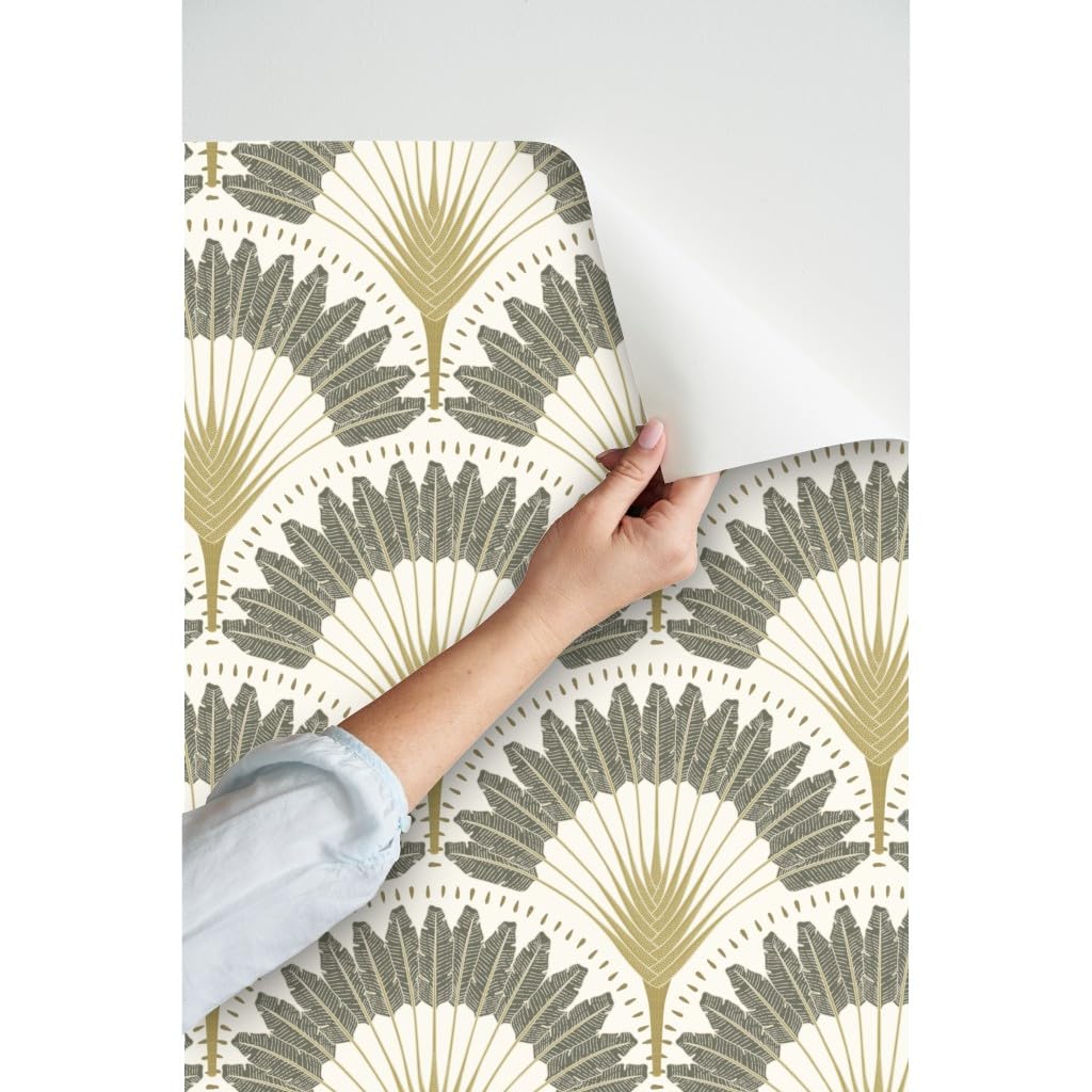 Peel & Stick Wallpaper 12ft x 2ft - Neutral Botanicals with Palm & Art Deco Fan Design | Removable Self-Adhesive Wallpaper for Bedroom, Living Room & Office Decor | Trendy Custom Wall Covering by Spoonflower