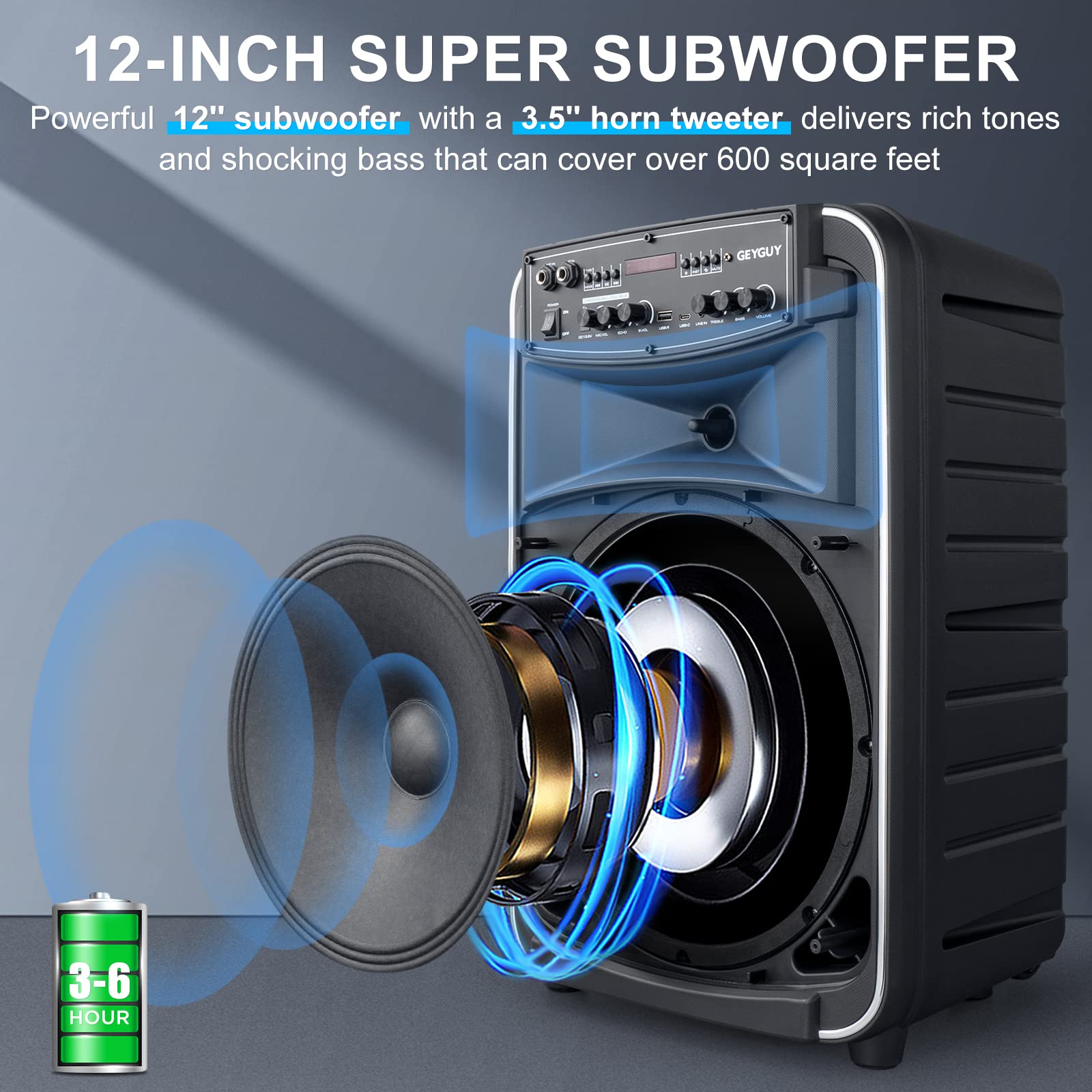 GTSK12-2 DSP Portable Bluetooth PA System Speaker with 2 Wireless Microphones, 12
